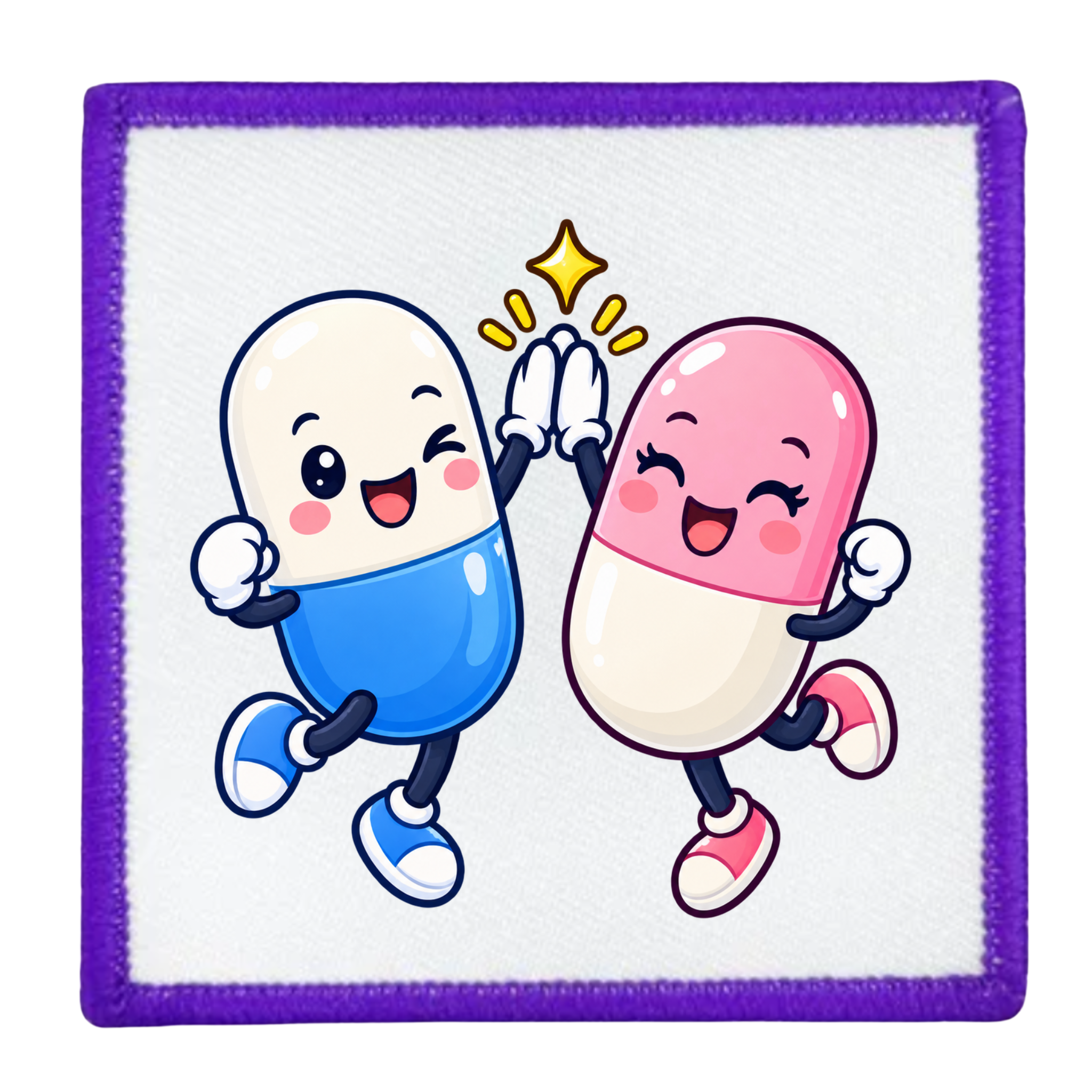 A square embroidered patch featuring two cute, cartoon-style high-five capsules. One capsule is blue and white, and the other is pink and white, both smiling with black outlines and small yellow star accents above their hands.