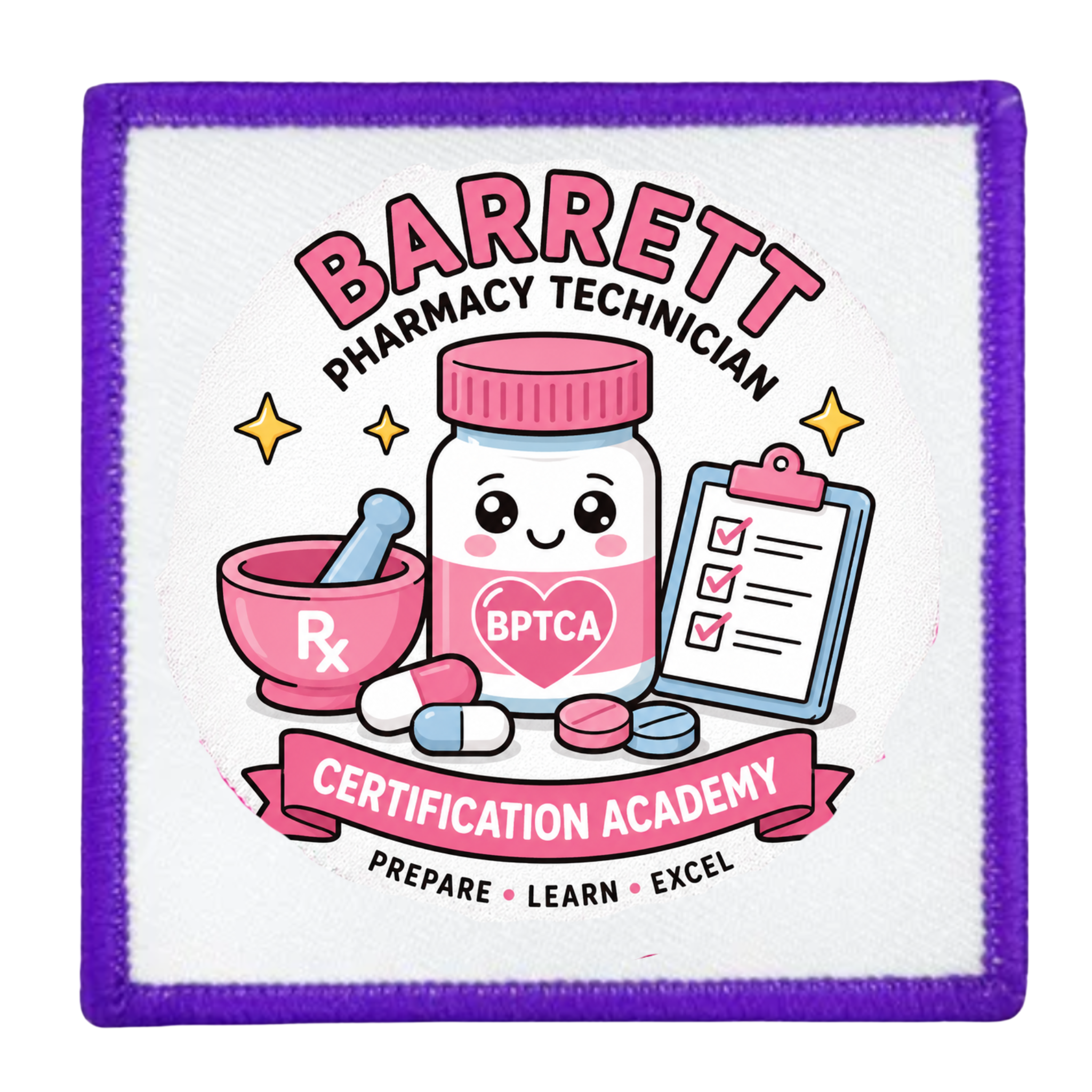 Patch with cartoon pharmacy-themed design and text about Barrett Pharmacy Technician Certification Academy.