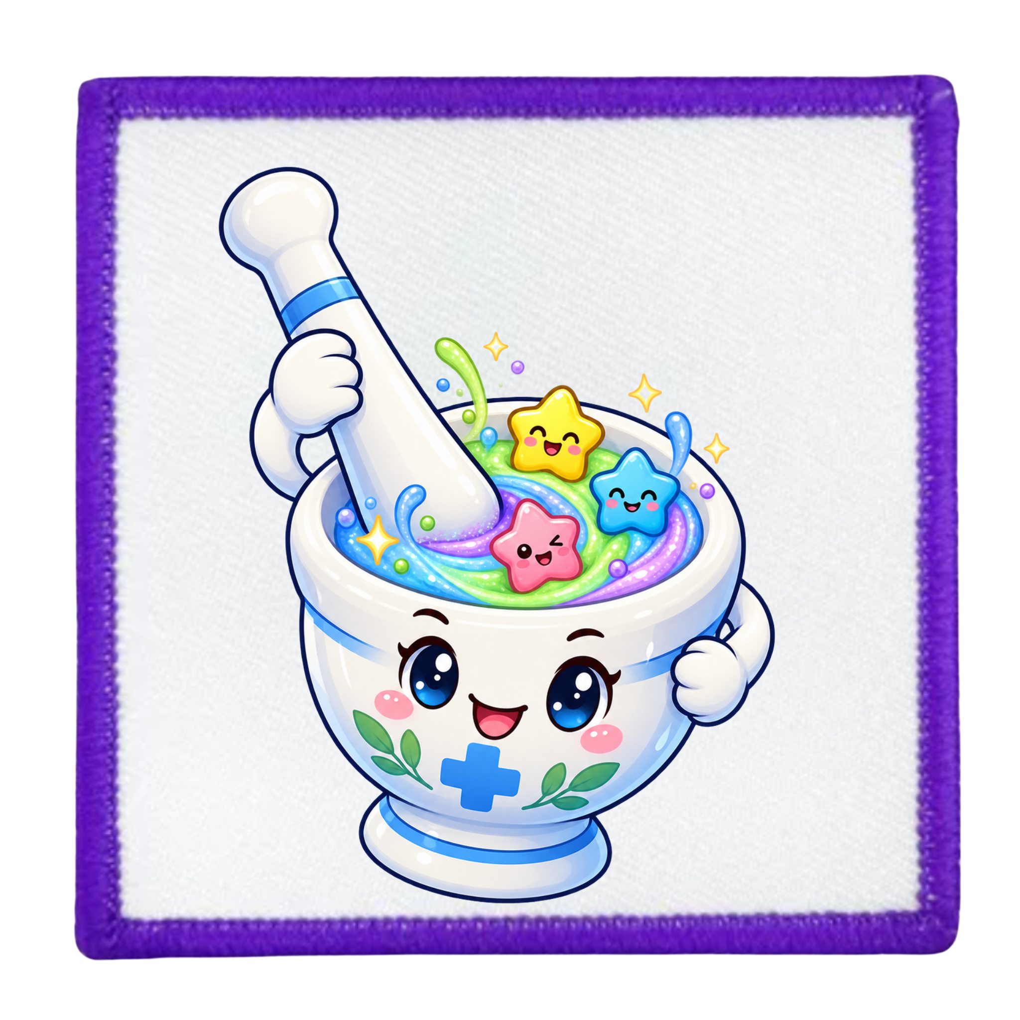 A square patch featuring a cute cartoon illustration of a smiling white mortar and pestle filled with colorful pastel potion and star-shaped candies, set against a white background with a purple stitched border.