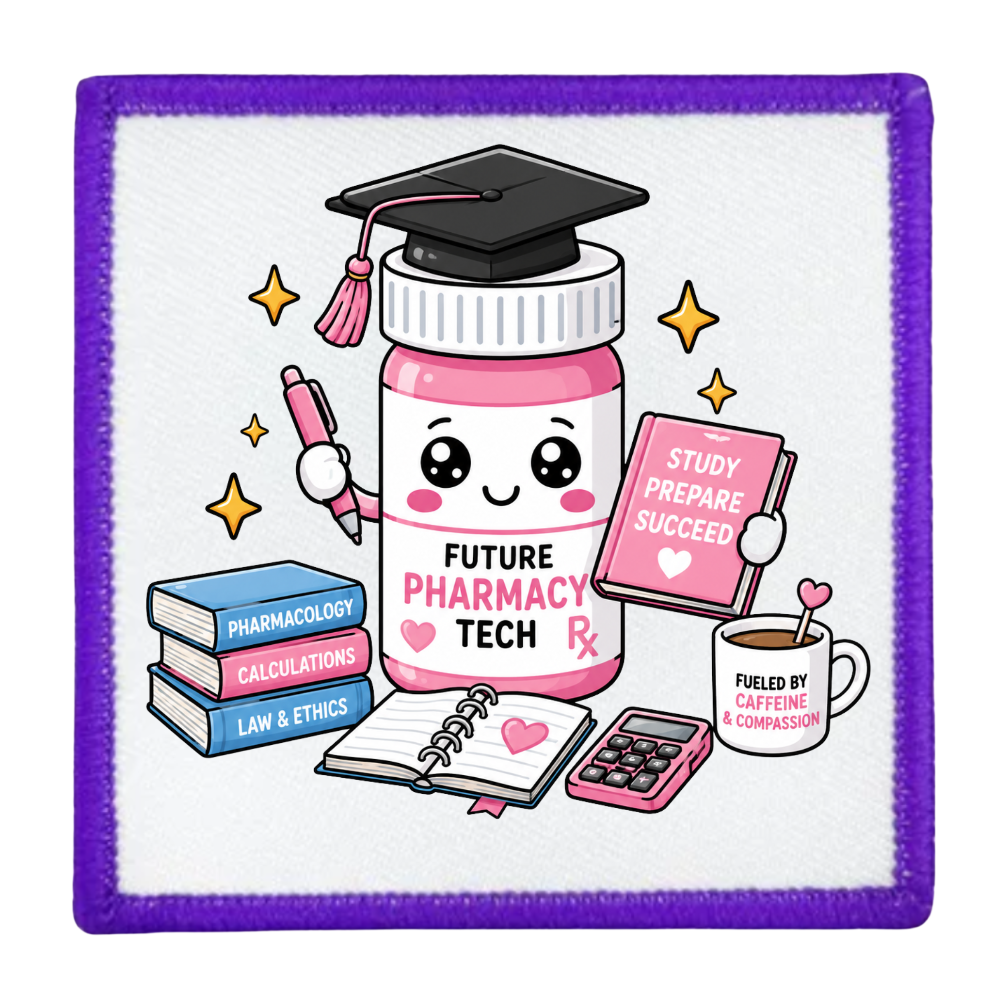 Patch with a cartoon pharmacy tech design featuring a bottle, books, and graduation cap on a white background.