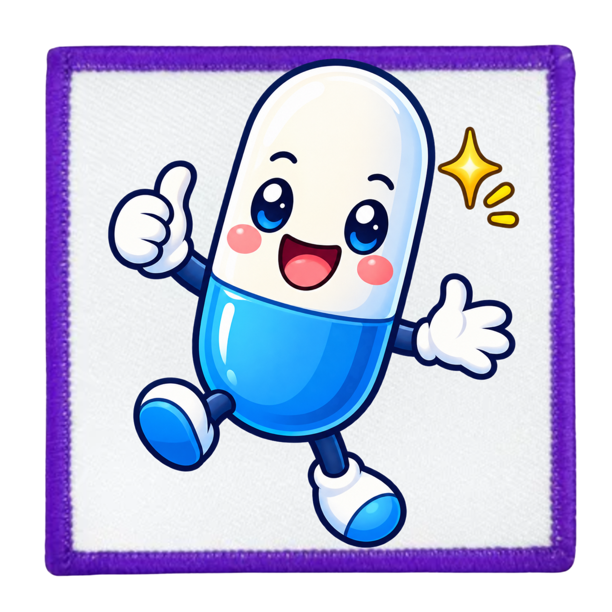 A square embroidered patch featuring a cute, smiling cartoon pill capsule character. The pill is white on top and blue on the bottom, with expressive blue eyes, pink cheeks, and white gloves.