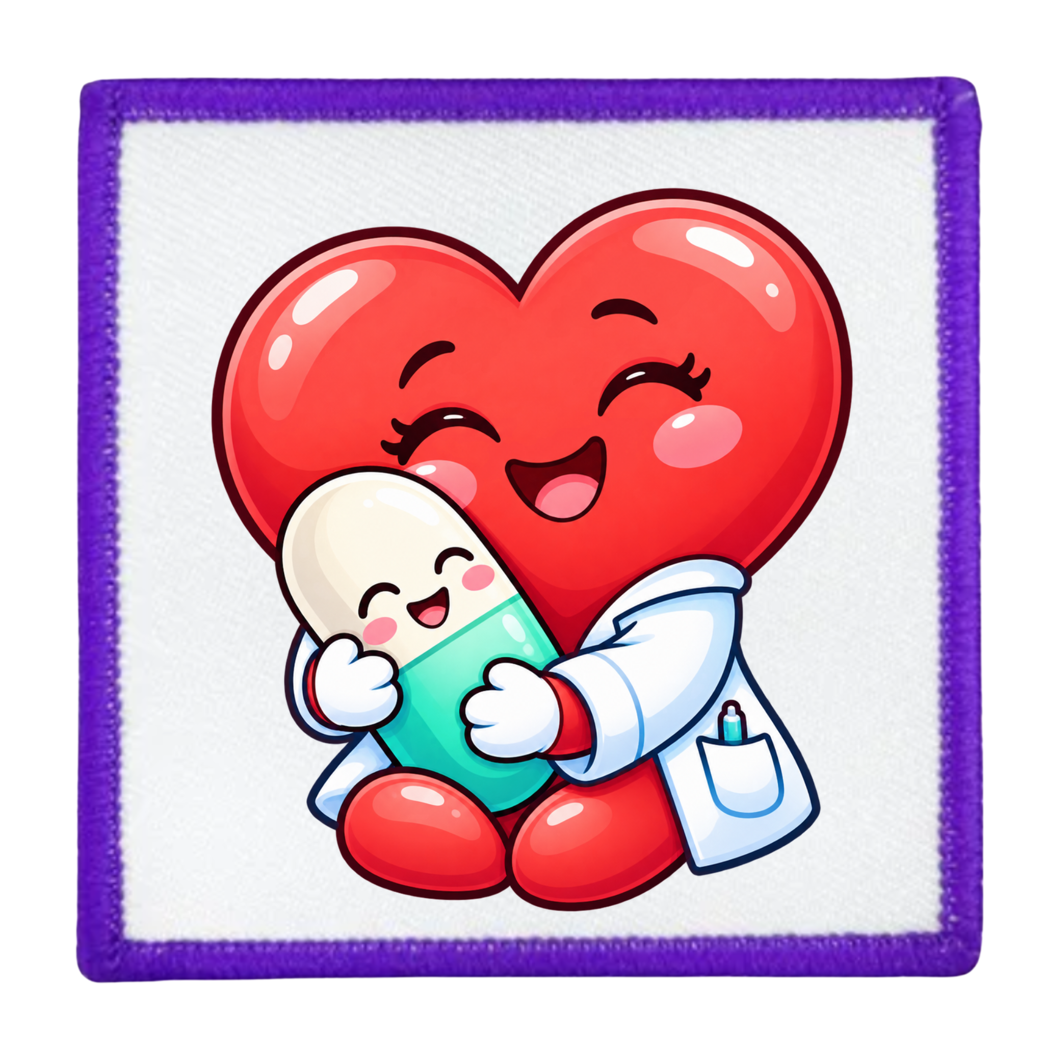 A square embroidered patch with a purple border featuring a cute cartoon illustration of a red heart hugging a white pill capsule dressed in a white doctor's coat.