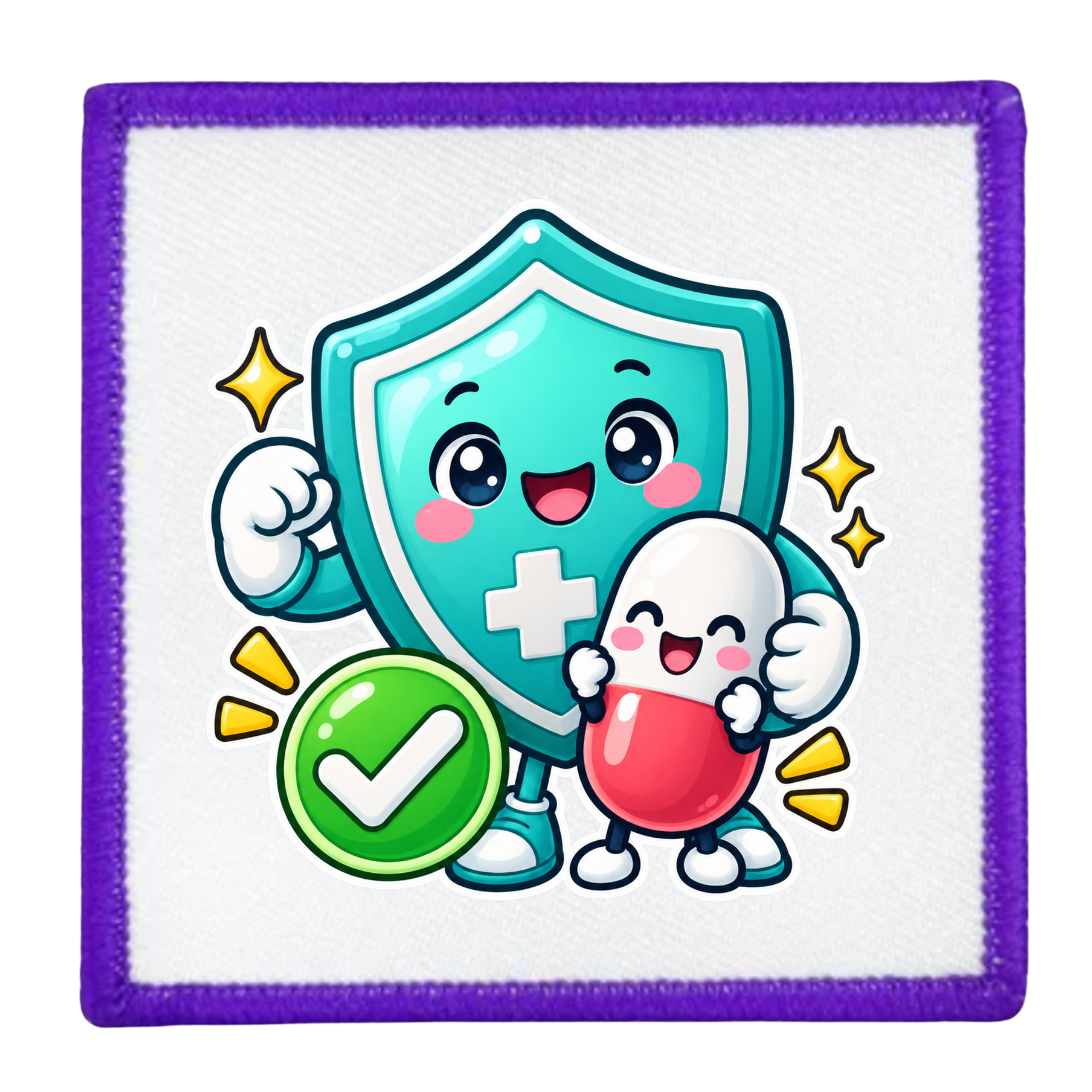 A square embroidered patch with a purple border and white center, featuring a cute cartoon illustration of a teal shield character with a white cross, a small white character hugging a red pill, and a green check emblem.