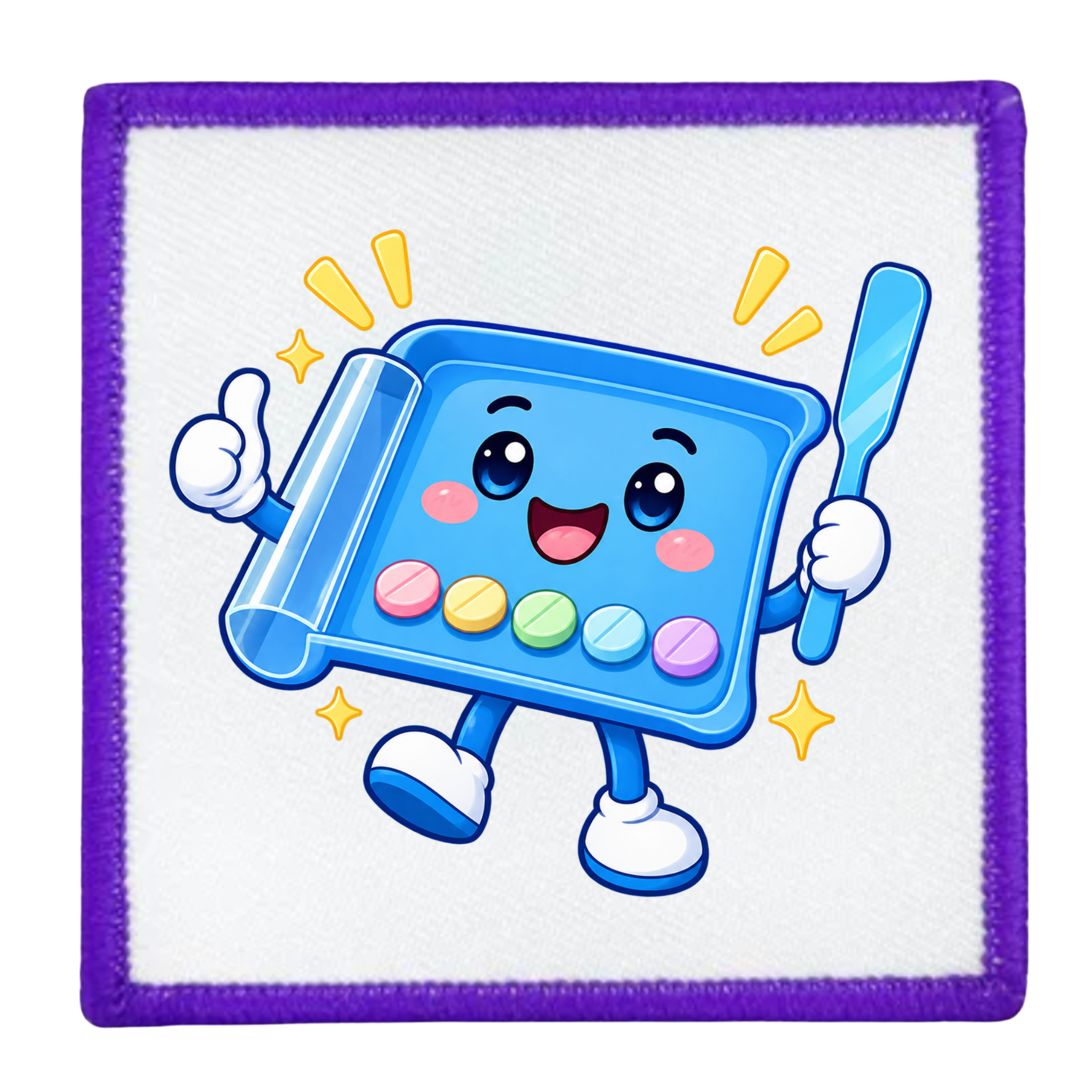 A square embroidered patch with a purple border and a white center, featuring a cartoon blue tray character with colorful pills and a toothbrush.