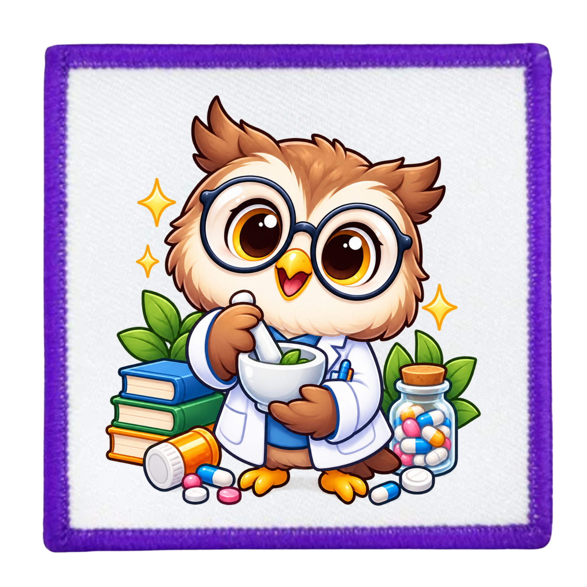 A square embroidered patch with a purple border and a white center, featuring a cartoon owl dressed as a doctor in a white lab coat, holding a mortar and pestle. The owl wears round glasses and is surrounded by books, pills, and a jar of colorful medicine drops.
