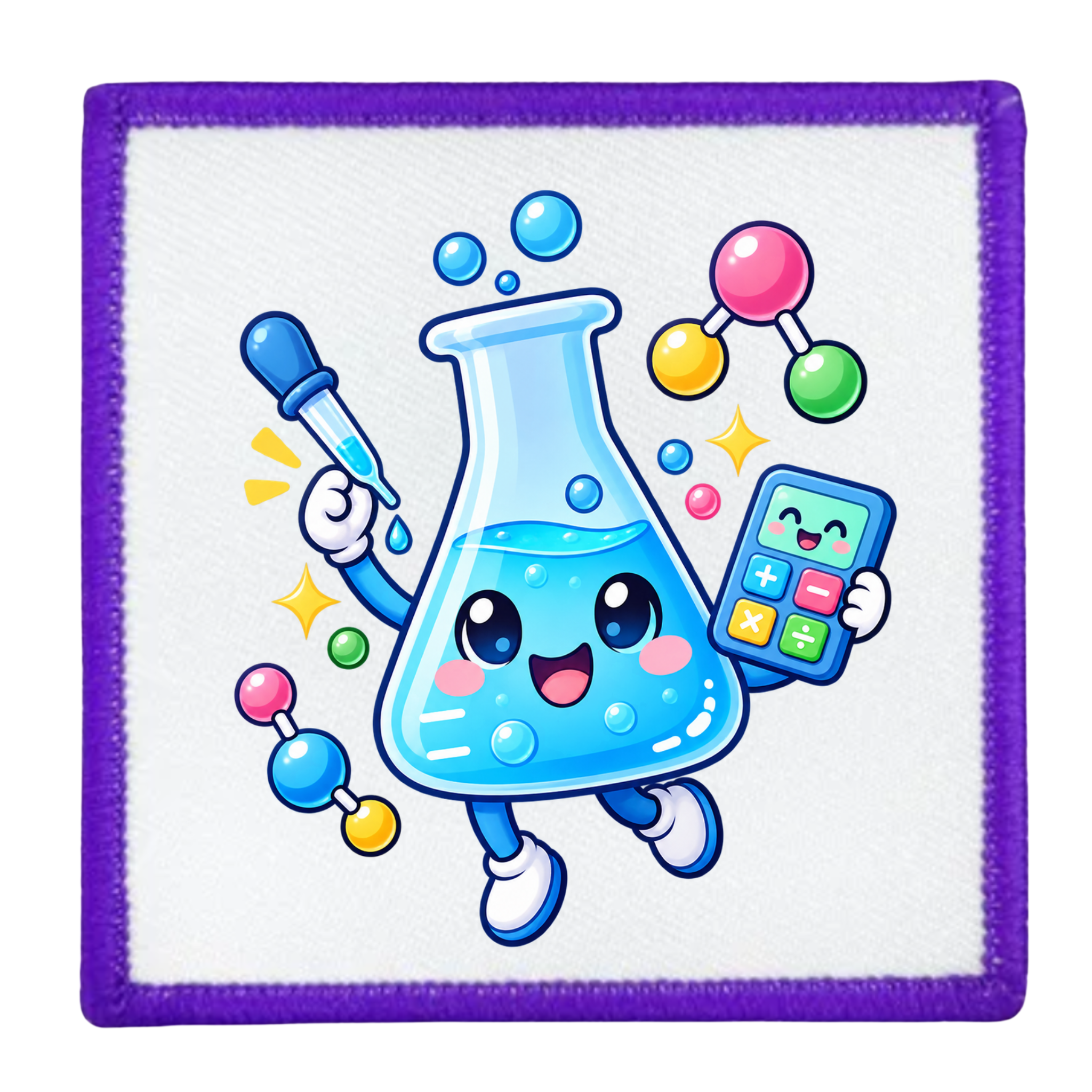 A square patch with a purple stitched border on a white background, featuring a cute cartoon lab flask character holding a dropper and calculator with colorful molecular and star accents.