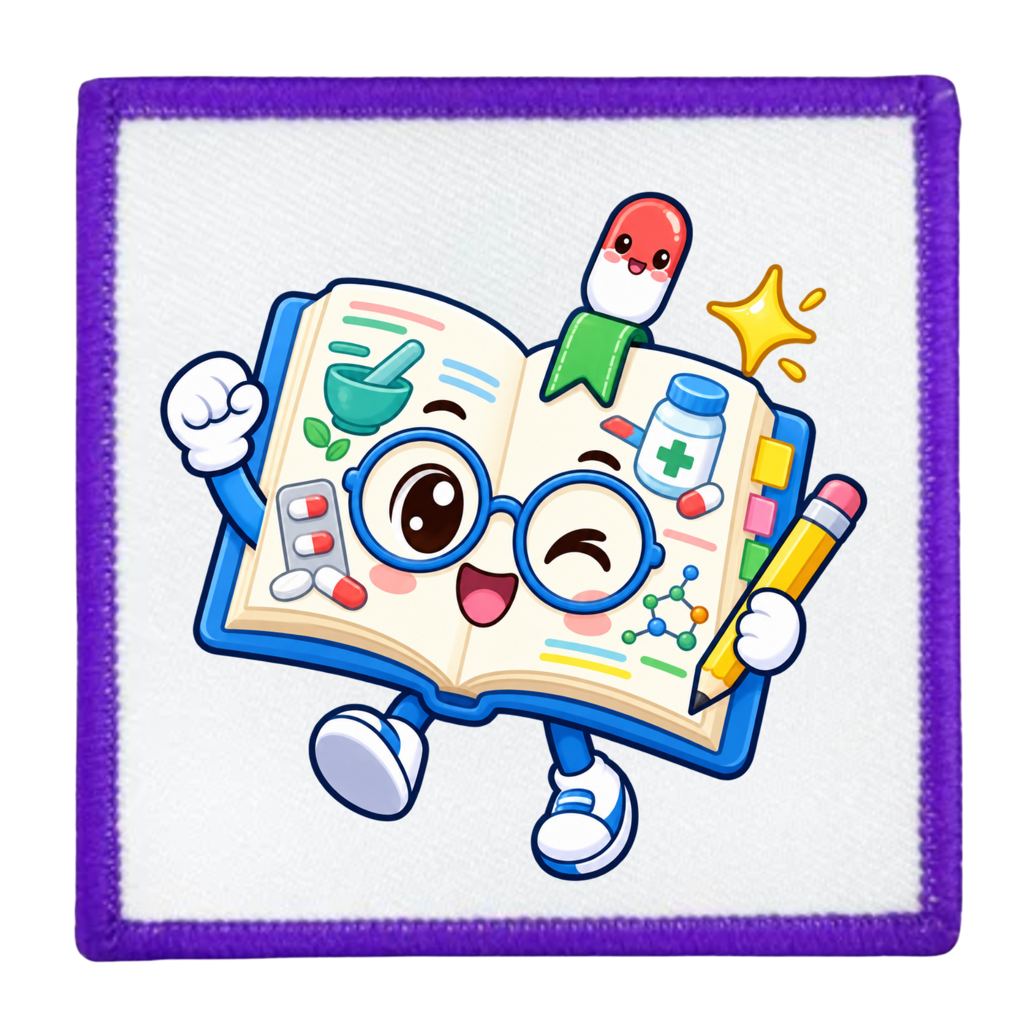 A square embroidered patch with a purple border and a white center, featuring a cartoon open book character wearing blue glasses and holding a yellow pencil, surrounded by medical-themed illustrations like pills, a stethoscope, a mortar and pestle, and a medicine bottle.