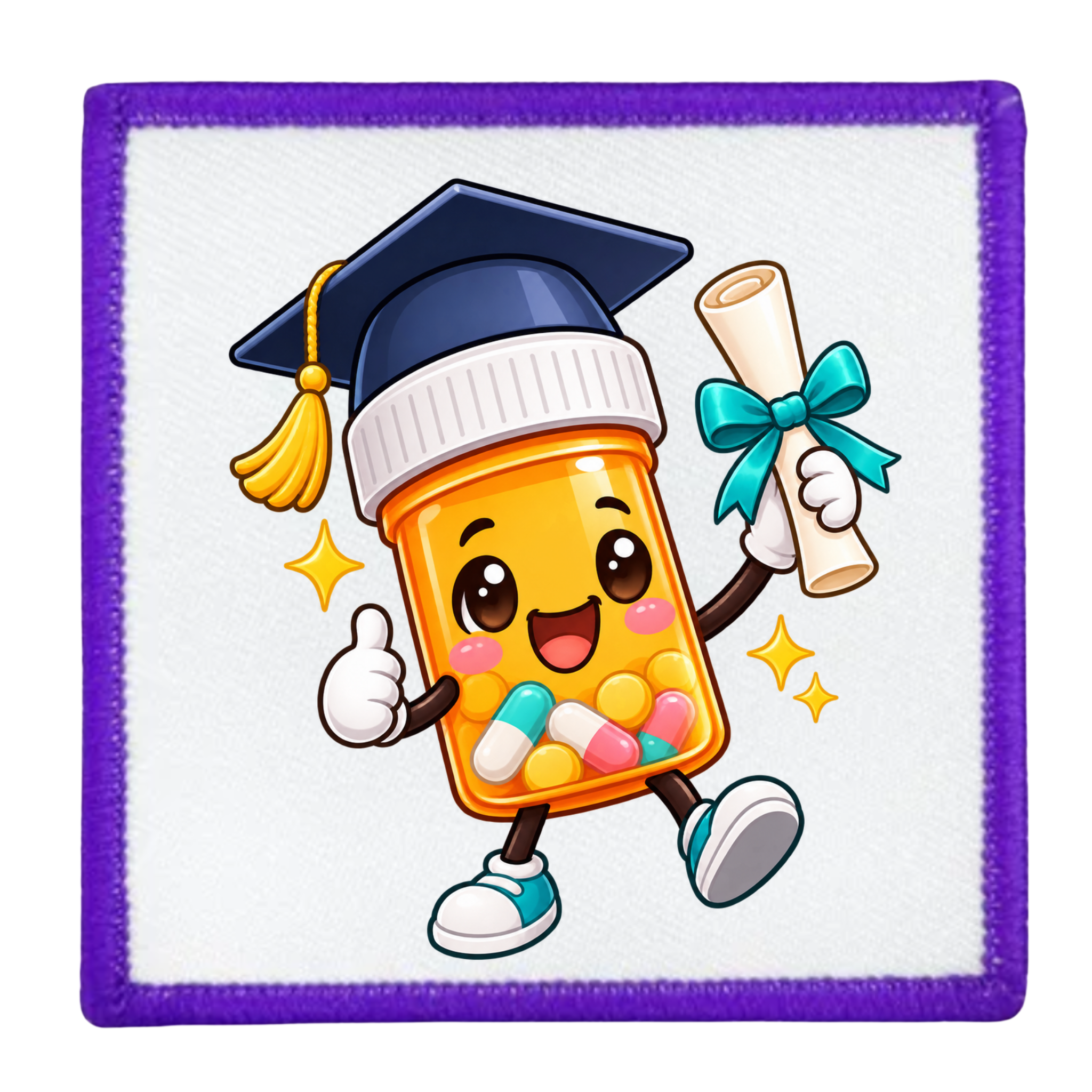 A square white patch with a purple stitched border, featuring a cartoon illustration of a smiling orange pill bottle wearing a navy blue graduation cap and holding a rolled diploma with a teal bow. The patch is shown on a clean white background.