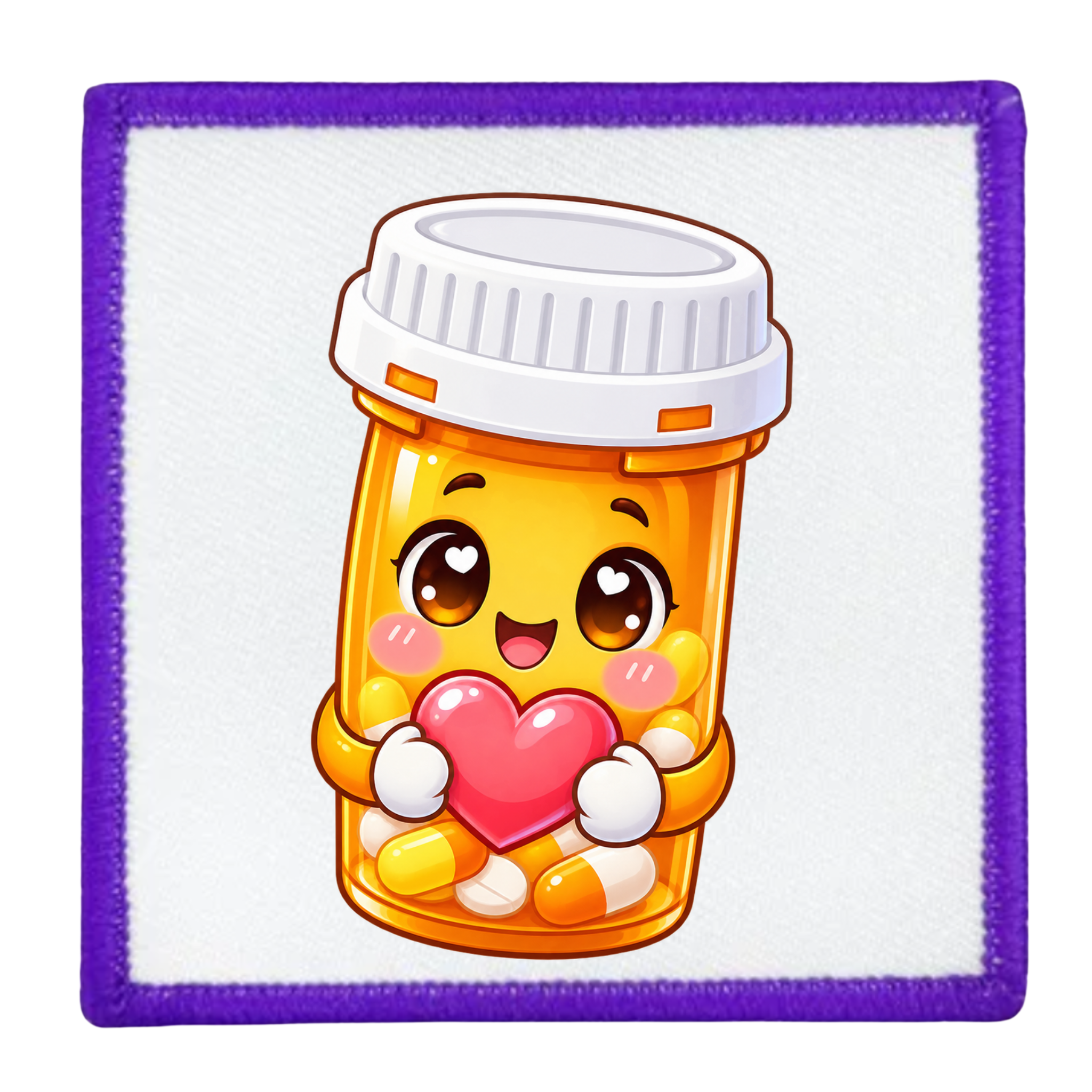 A square patch featuring a cute cartoon pill bottle character with large eyes, holding a pink heart, surrounded by colorful capsules, set on a white background with a purple stitched border.