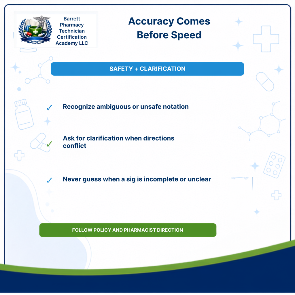 A digital informational graphic with the title 'Accuracy Comes Before Speed' and the Barrett Pharmacy Technician Certification Academy LLC logo in the upper left. The design has a white background with blue and green text blocks, medical icon illustrations, and a green button reading 'FOLLOW POLICY AND PHARMACIST DIRECTION'.