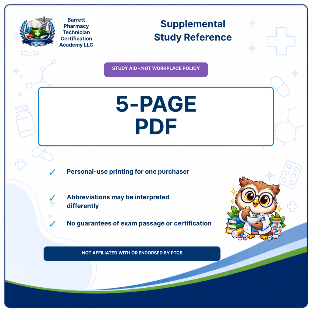A promotional graphic for a Barrett Pharmacy Technician Certification Academy PDF study aid titled '5-PAGE PDF,' with text, icons, and a cartoon owl on a white and blue background.