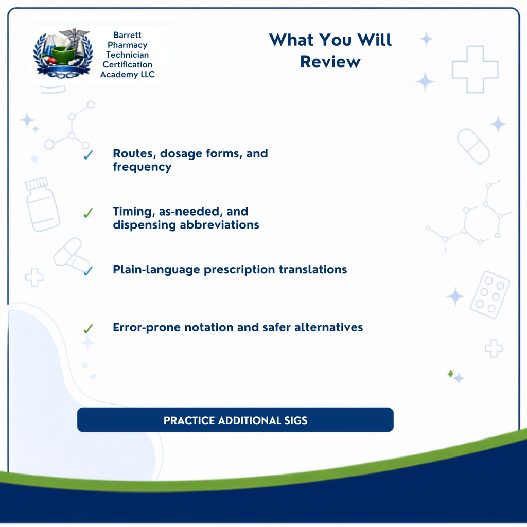 A digital preview slide for a Barrett Pharmacy Technician Certification Academy LLC study guide, titled 'What You Will Review'. The slide features a white background with a dark blue border, a blue logo on the top left, and a list of study topics with checkmarks.