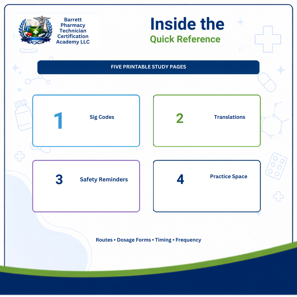 A digital cover page for a study guide titled 'Inside the Top 200 Drugs Guide' by Barrett Pharmacy Technician Certification Academy LLC. The page features a white background with blue, green, and purple accents, outlining sections for 'Organized Medication Review', including generic and brand names, drug classes, common uses, and practice review.