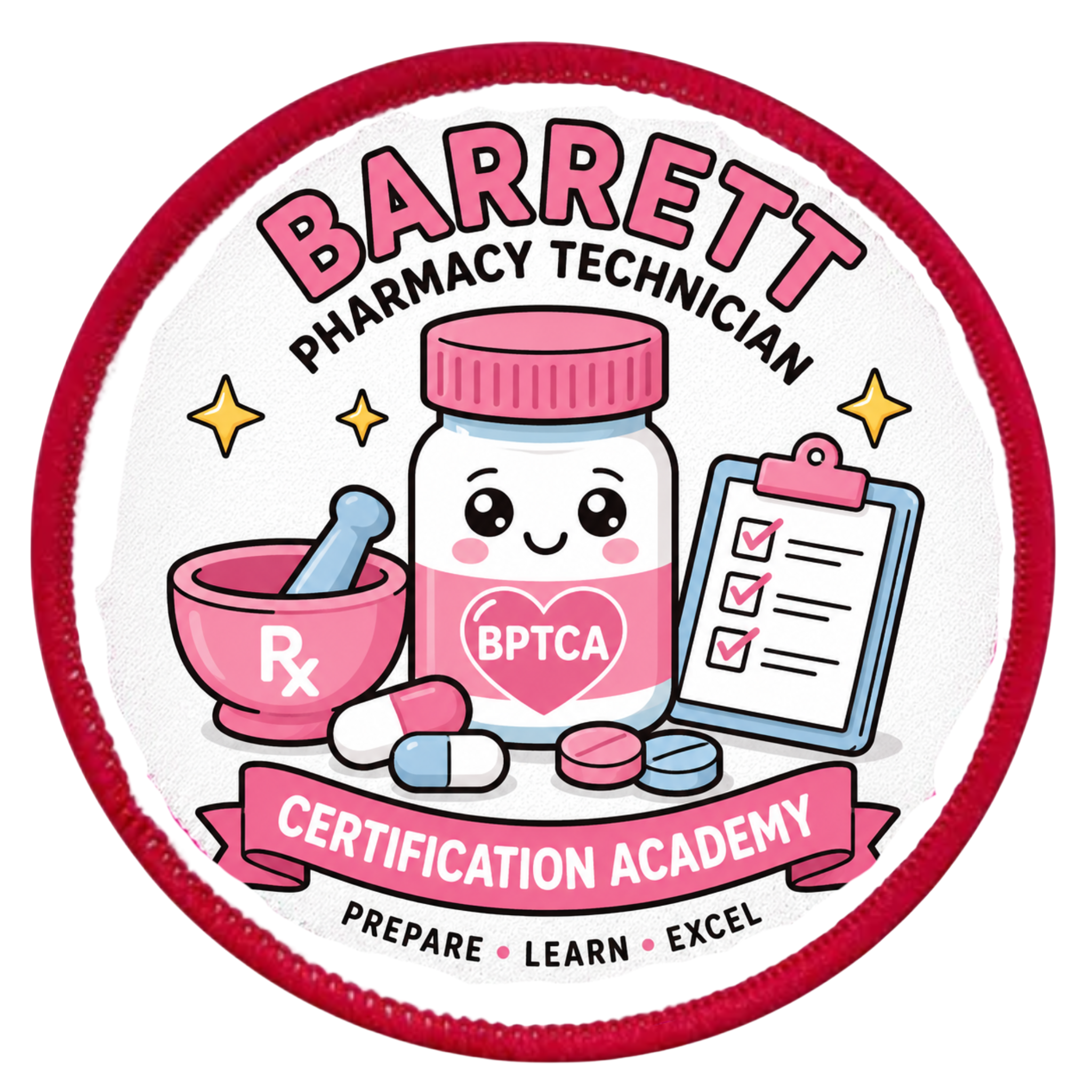 Patch with cartoon pharmacy jar, pills, and clipboard on a white background