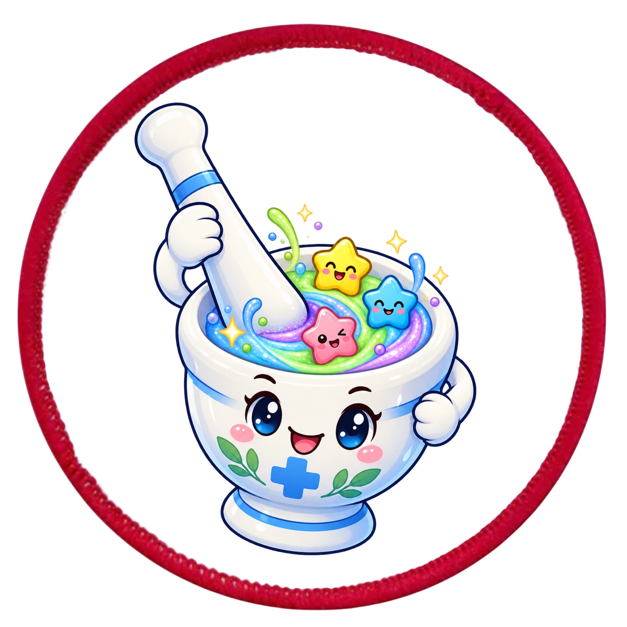 A circular embroidered patch featuring a cute cartoon mortar and pestle filled with colorful pastel slime and star-shaped candies, surrounded by a red stitched border on a white background.