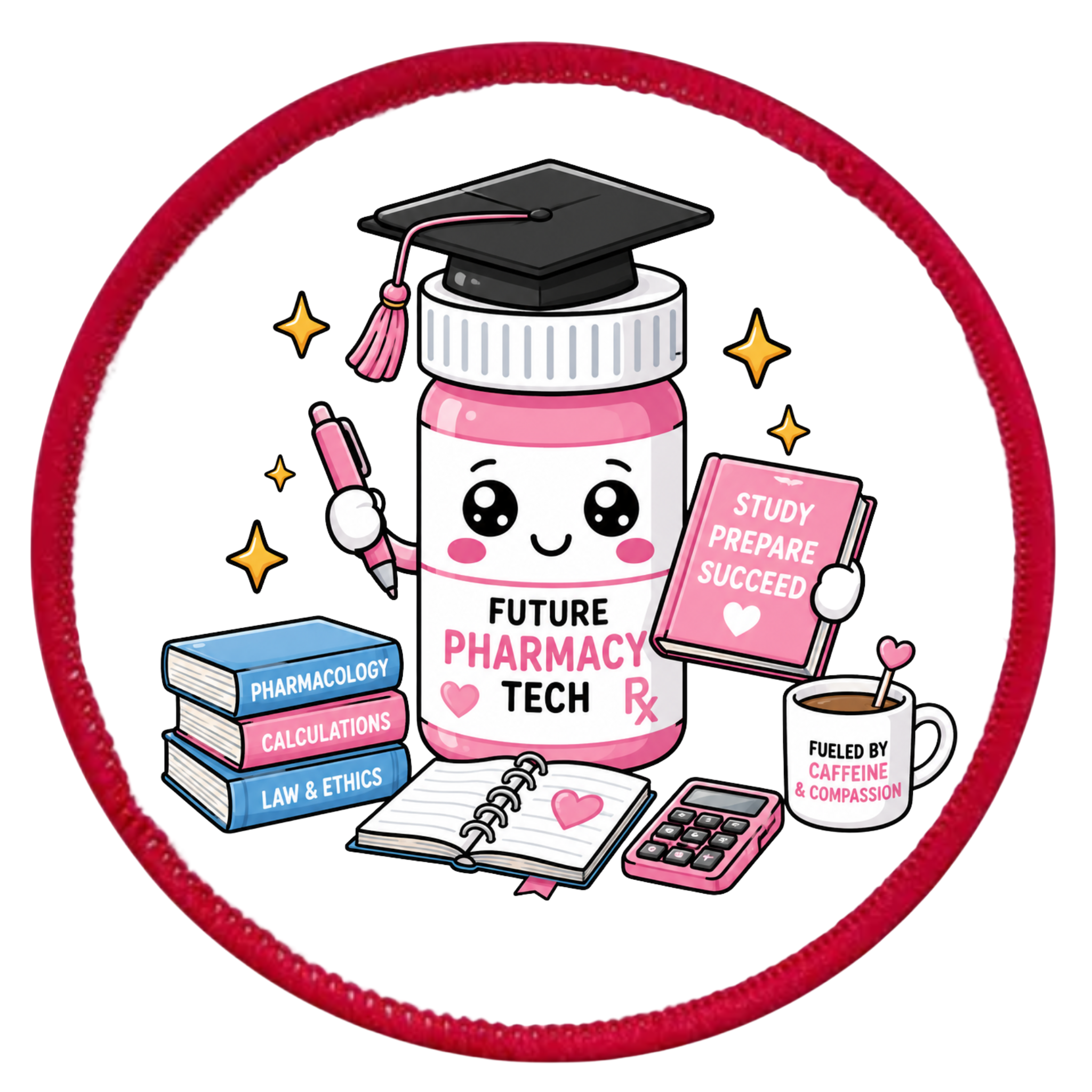 Illustration of a pink pharmacy tech-themed jar with graduation cap, books, and coffee cup on a white background.