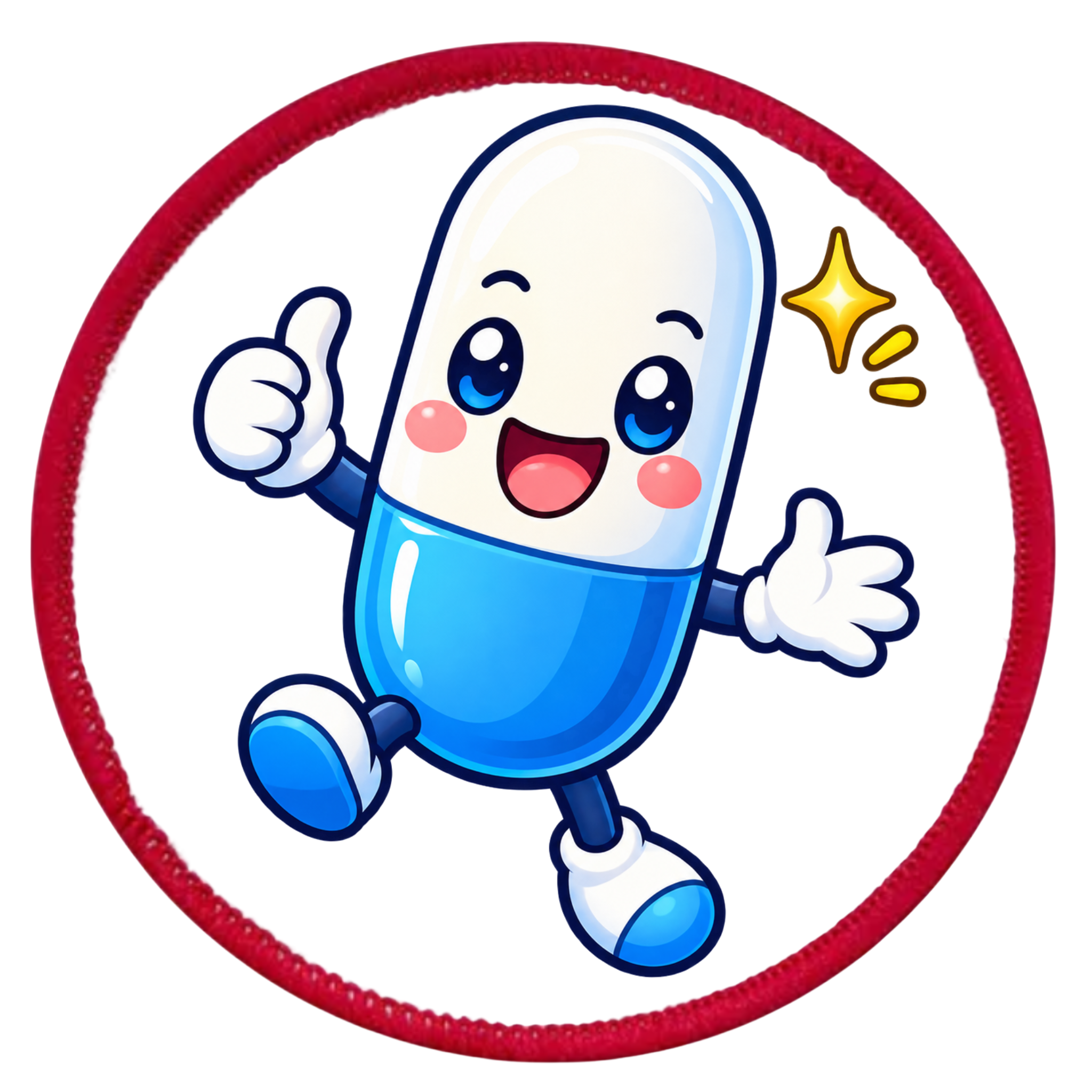 A circular embroidered patch featuring a cute cartoon pill capsule character. The pill is split horizontally into a white top half and a blue bottom half, with expressive blue eyes, a smiling mouth, pink cheeks, and white gloved hands.