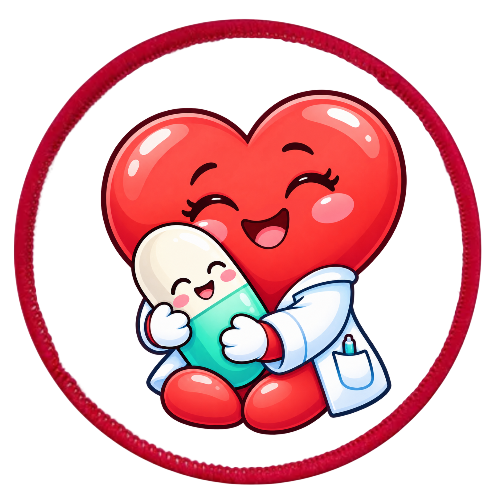 A circular embroidered patch or applique featuring a cartoon red heart hugging a white pill capsule dressed in a white doctor coat, on a white background with a red stitched border.
