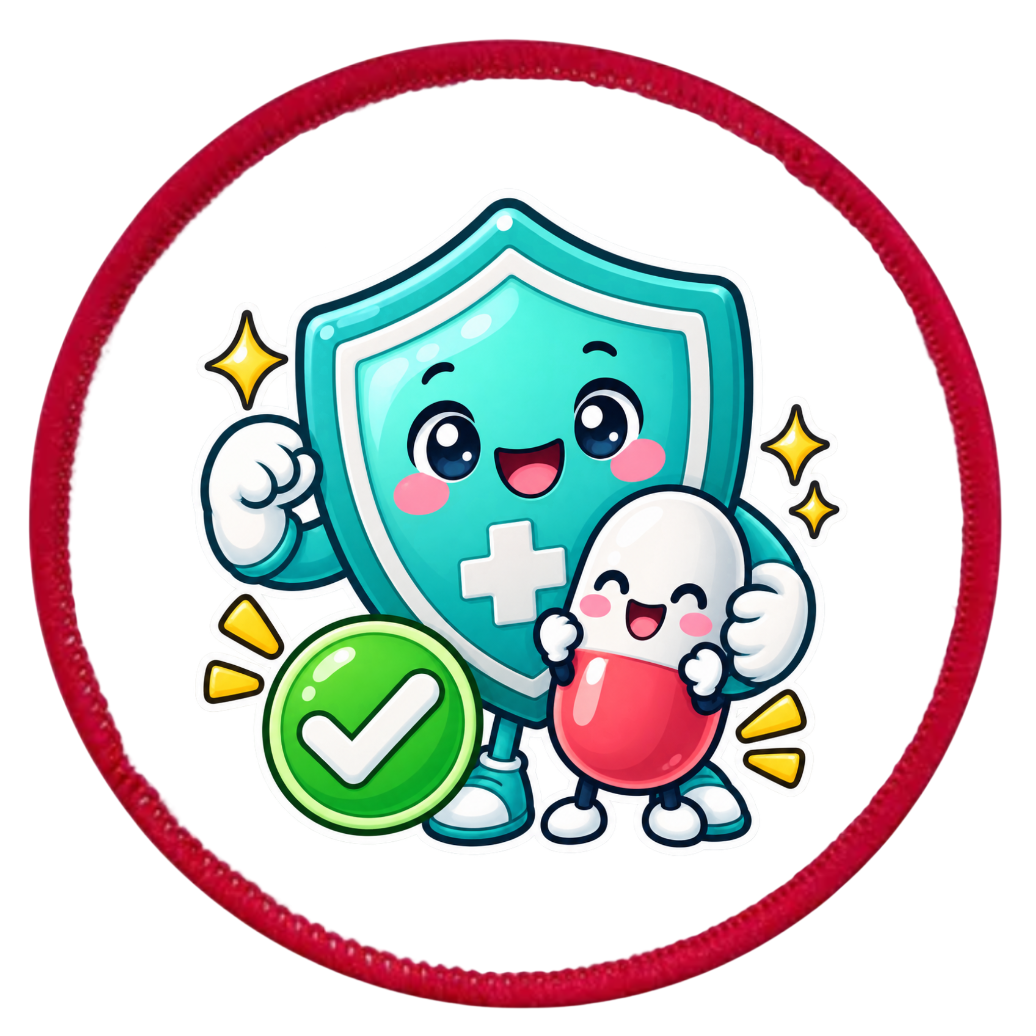 A circular embroidered patch or badge featuring a cute cartoon illustration. The design shows a teal shield character with a white cross, hugging a white pill character with a pink capsule, alongside a green checkmark icon, all set against a white background with a red stitched border.