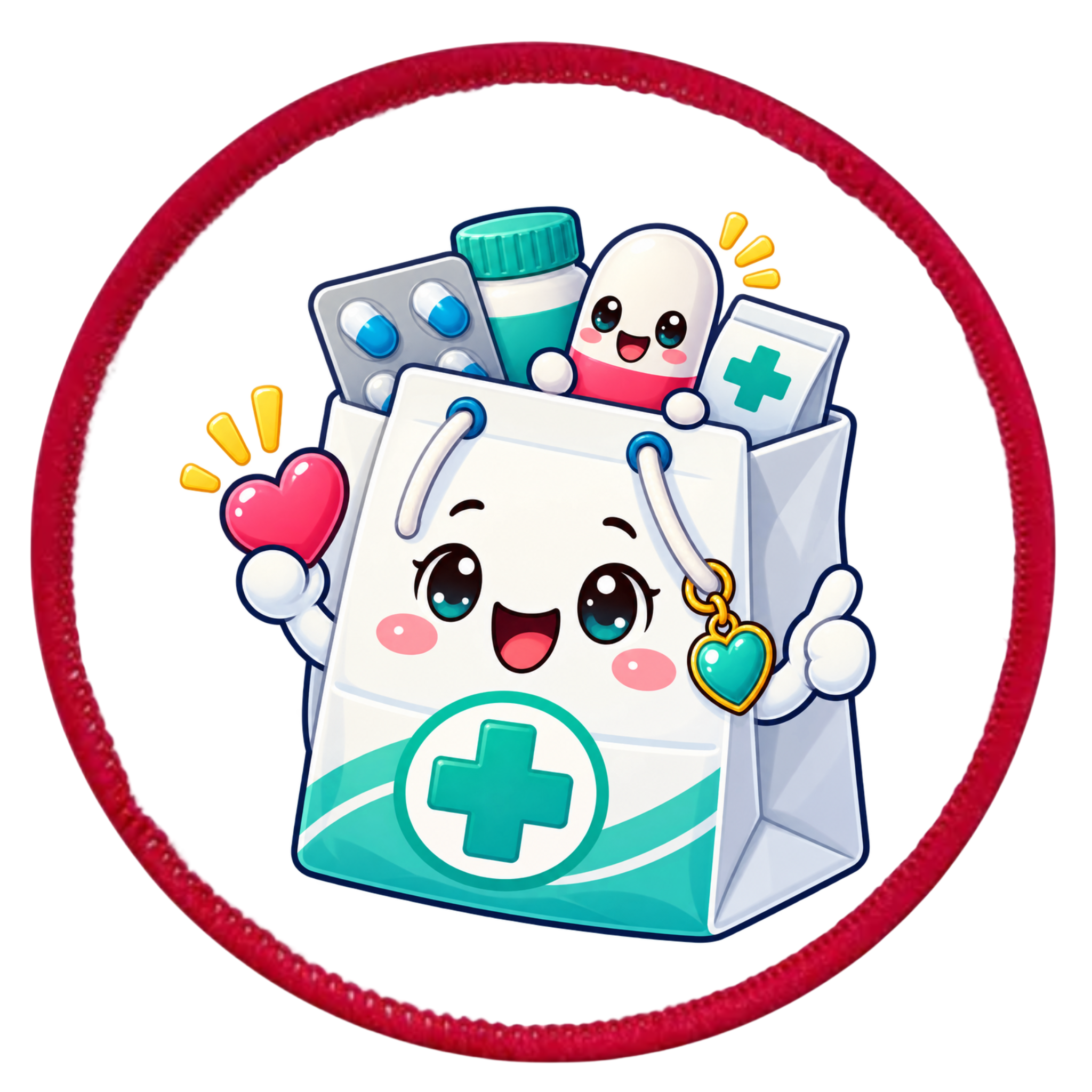 A circular embroidered patch featuring a cute cartoon medical bag with a smiling face, surrounded by medical icons like pills, a heart, and a heart-shaped keychain. The patch has a red stitched border on a white background.
