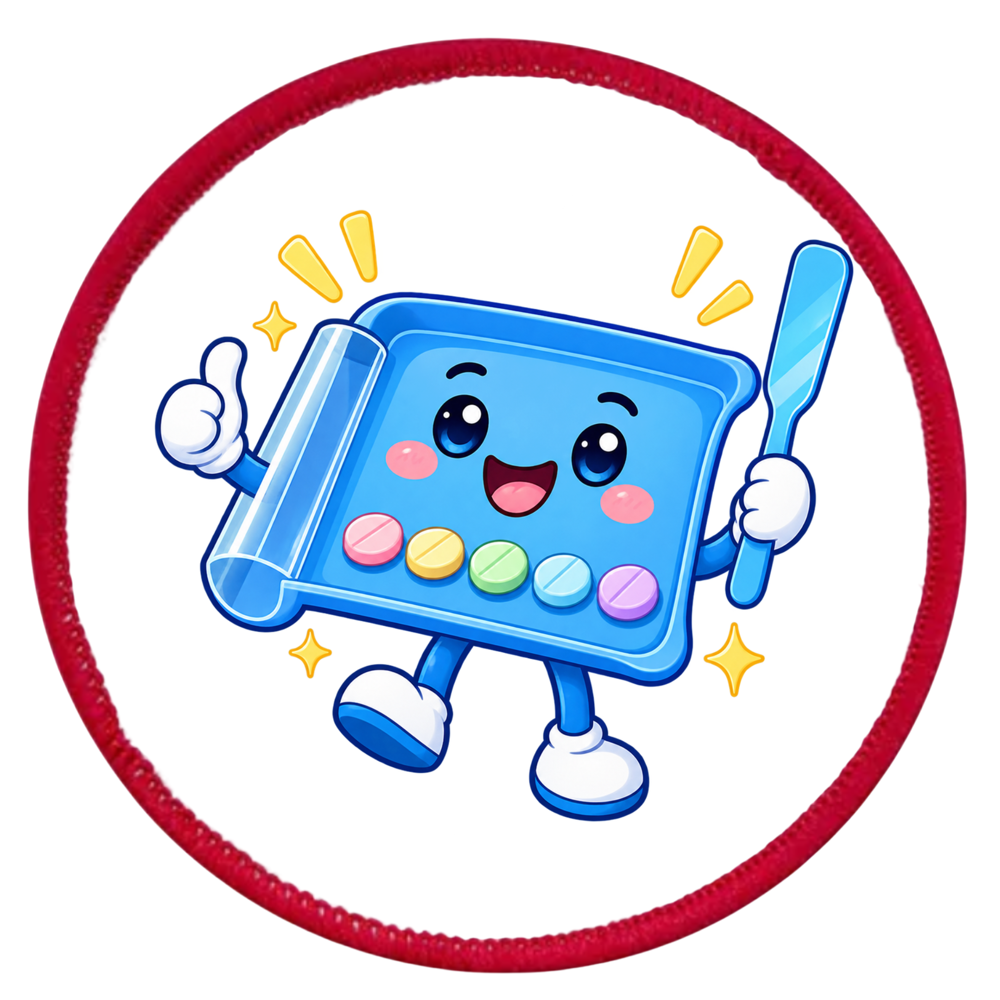 A circular embroidered patch featuring a cute cartoon character of a blue plastic tray with colorful round inserts and a blue spatula, set against a white background with a red stitched border.