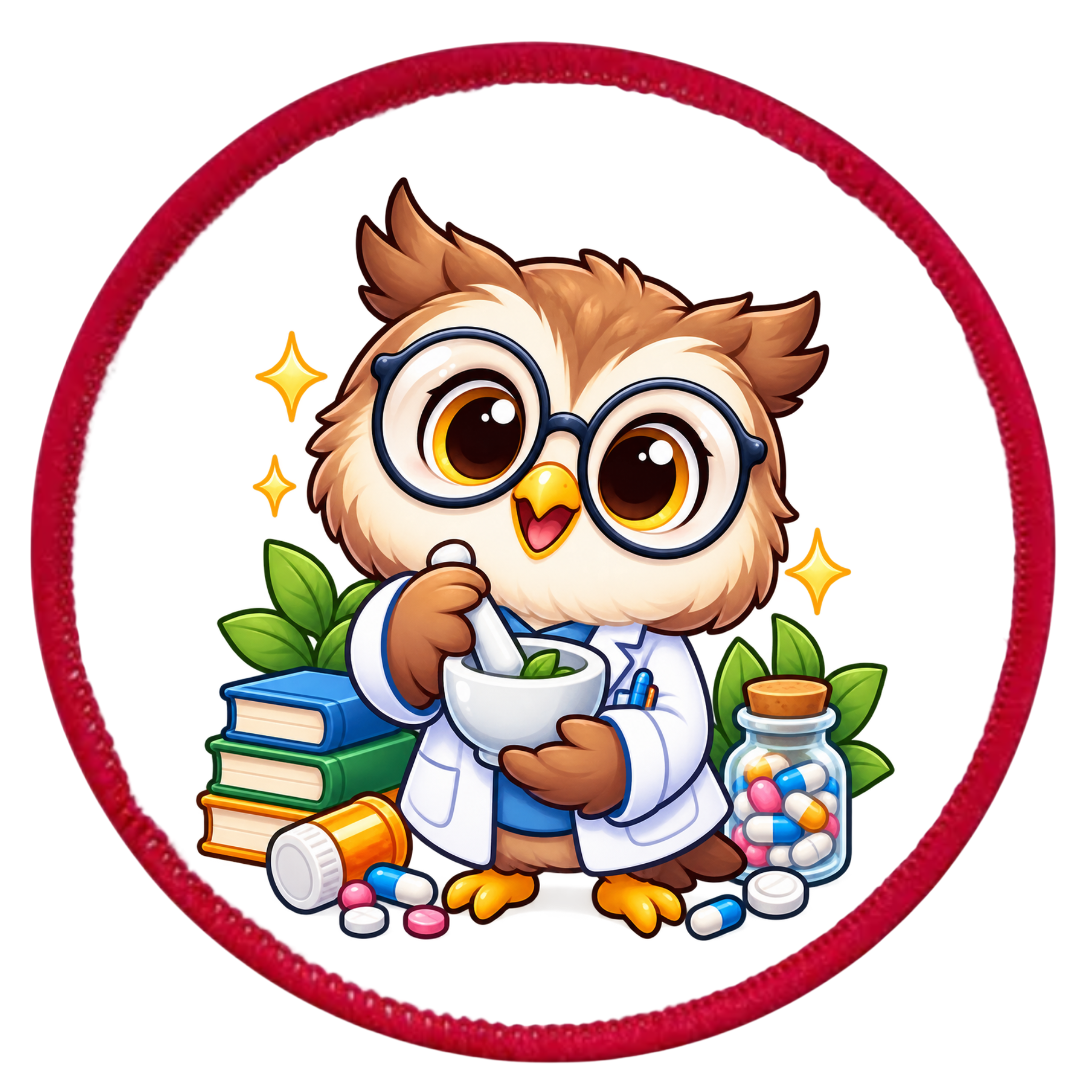 A circular embroidered patch featuring a cute cartoon owl dressed as a pharmacist, wearing round glasses and a white lab coat while holding a mortar and pestle. The owl is surrounded by books, green leaves, a glass jar of colorful pills, and spilled medicine bottles on a white background, all enclosed by a red stitched border.