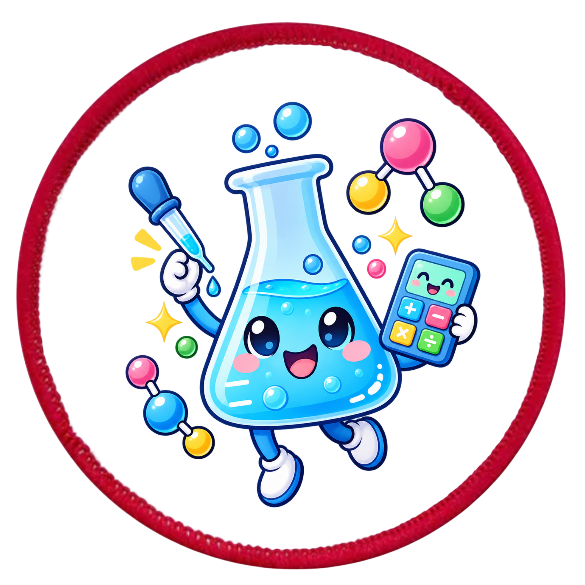 A circular patch or sticker featuring a cute cartoon lab flask character with blue liquid, holding a dropper and a calculator, surrounded by colorful molecular models and sparkles, with a red stitched border on a white background.