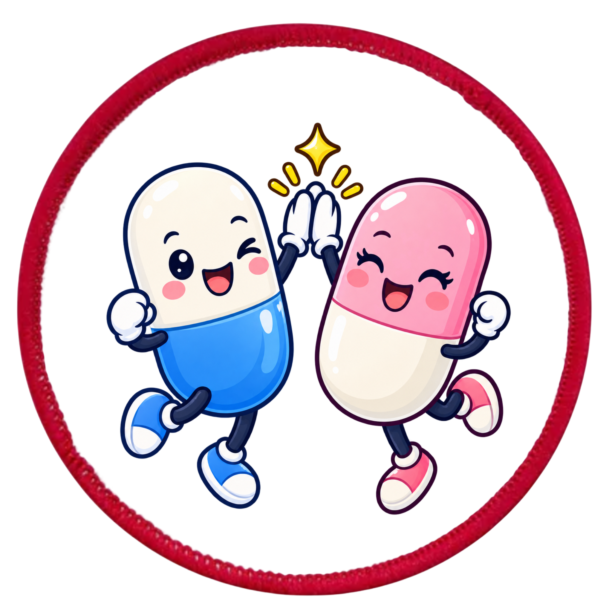 A circular embroidered patch featuring two cartoon capsules jumping and high-fiving. One capsule is blue and white, and the other is pink and white, with a yellow starburst above their hands.