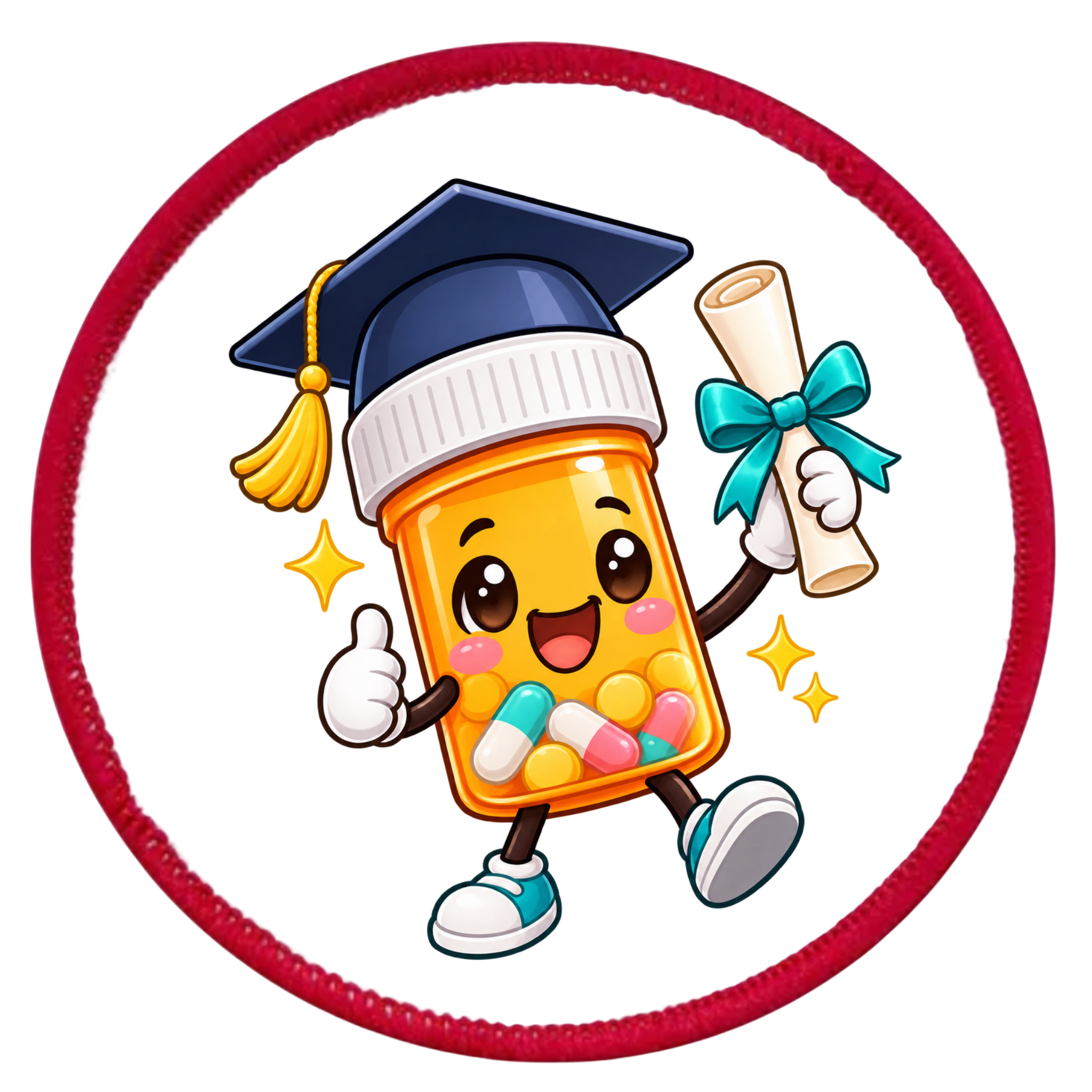 A circular embroidered patch featuring a cartoon pill bottle character celebrating graduation. The pill bottle is orange with multicolored capsules inside, wearing a navy blue and white graduation cap with a yellow tassel, holding a rolled diploma tied with a teal ribbon, and giving a thumbs-up.