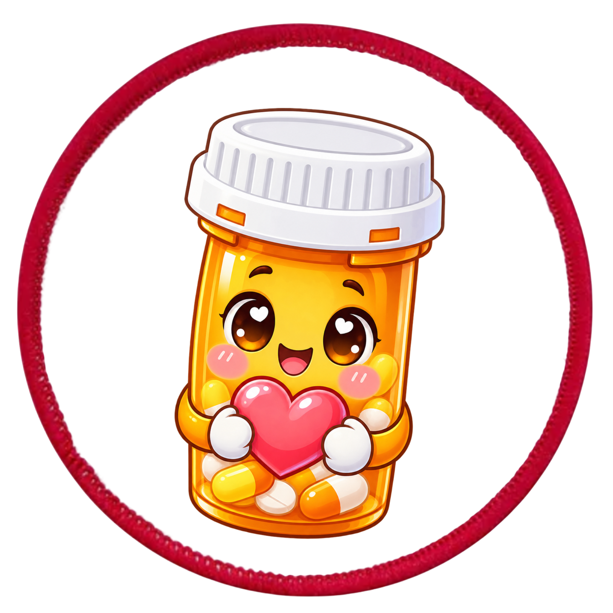 A cartoon-style orange pill bottle character with a white cap, holding a pink heart, centered inside a red circular border on a white background.