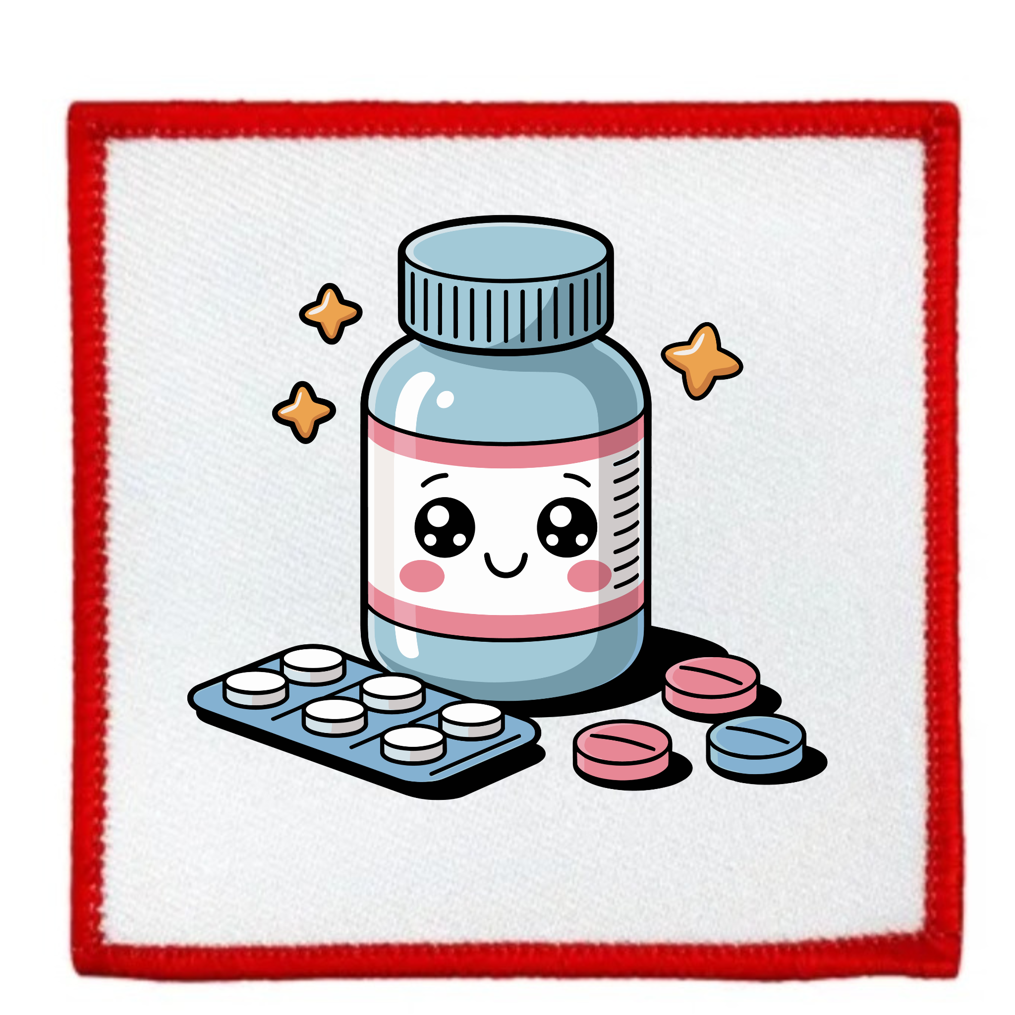 Patch with a cartoon-style pill bottle and pills on a white background