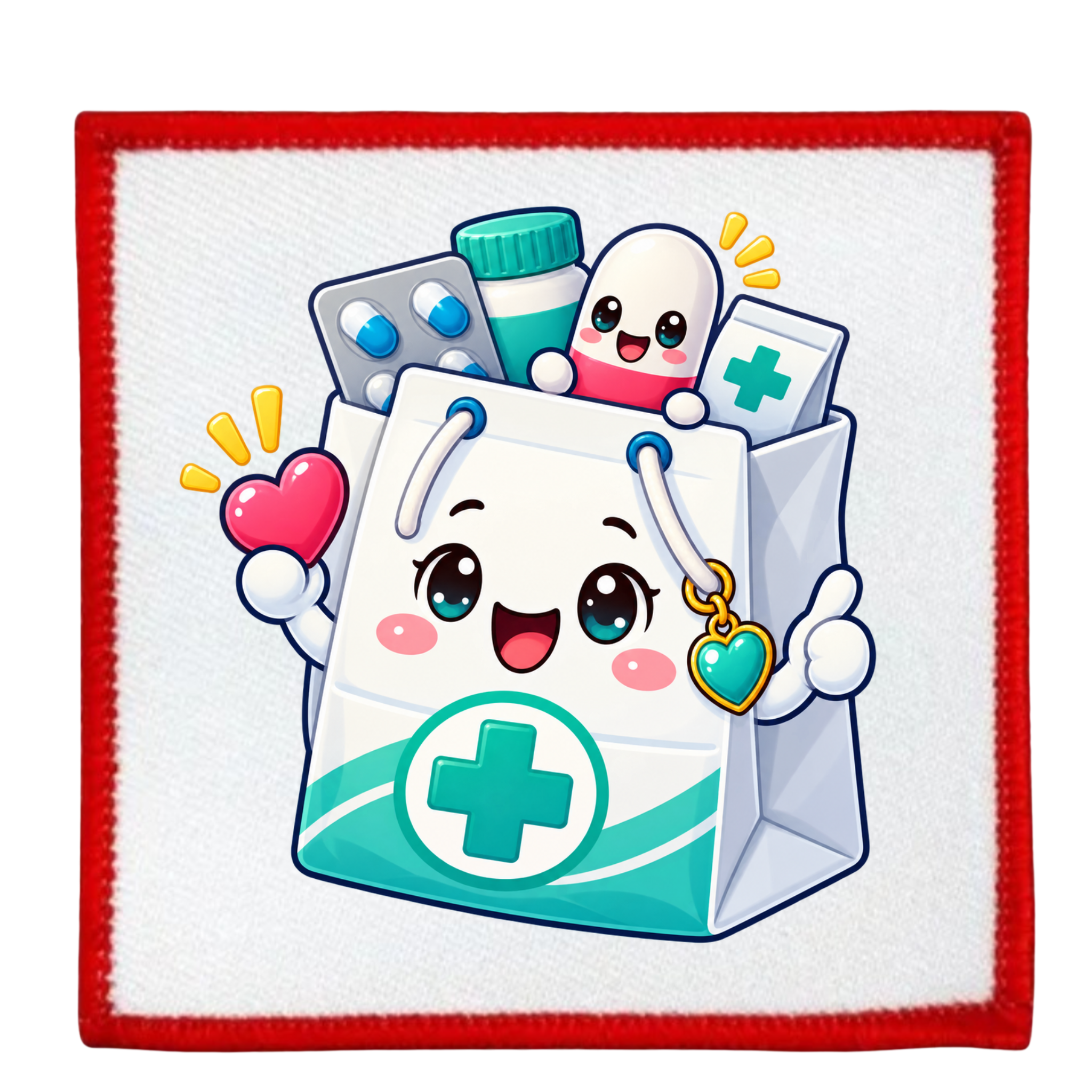 A square white patch with a red stitched border, featuring a cute cartoon medical bag character with a smiling face, holding a pink heart and a teal heart-shaped charm, with illustrated pills and a syringe peeking out from the top.