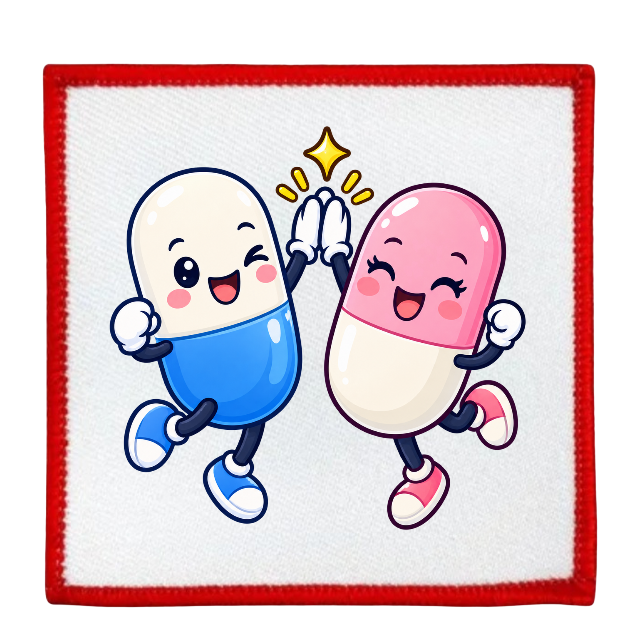 A square white patch with a red stitched border, featuring a cute cartoon illustration of two high-fiving capsules. One capsule is blue and white, and the other is pink and white, both with smiling faces, raised white gloves, and small sneakers.