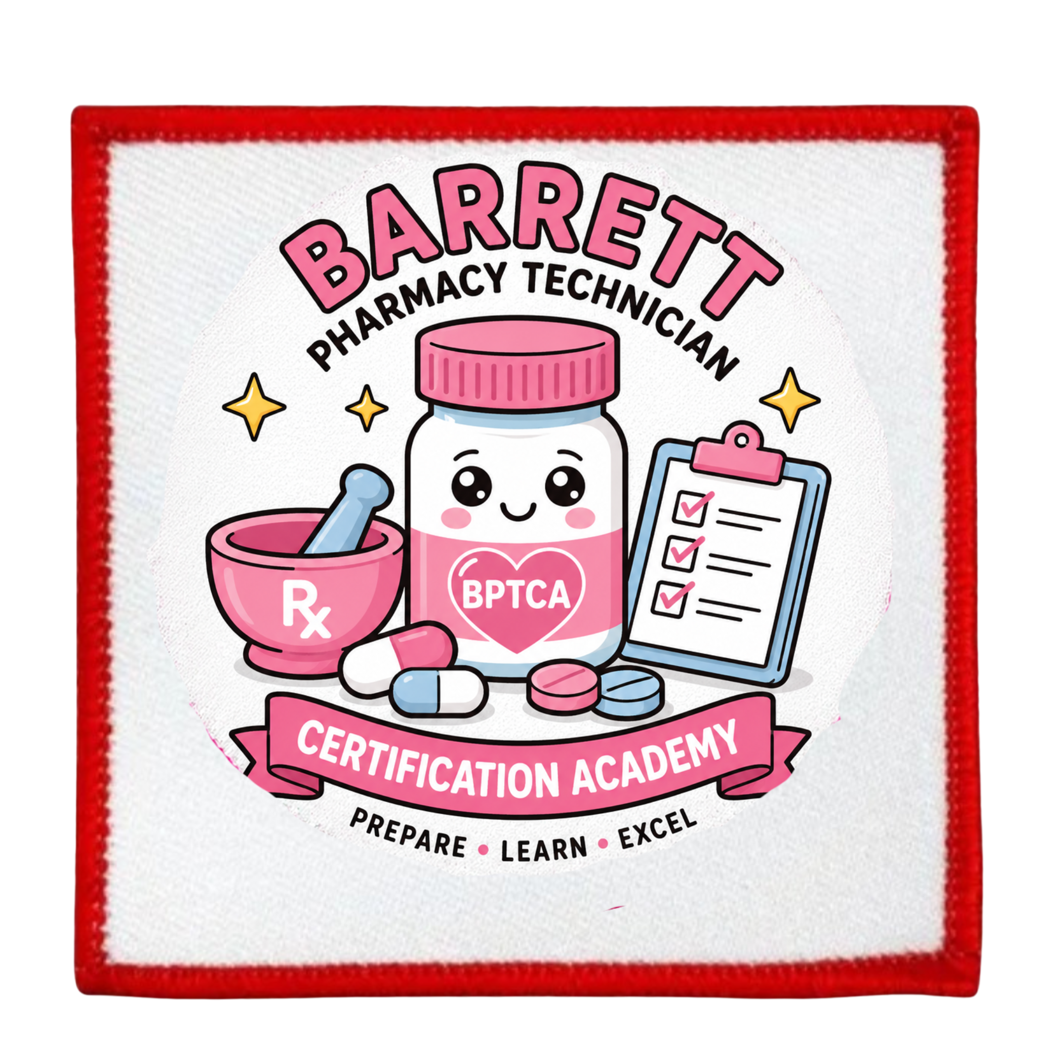 Patch with cartoon pharmacy-themed design and text about Barrett Pharmacy Technician Certification Academy.