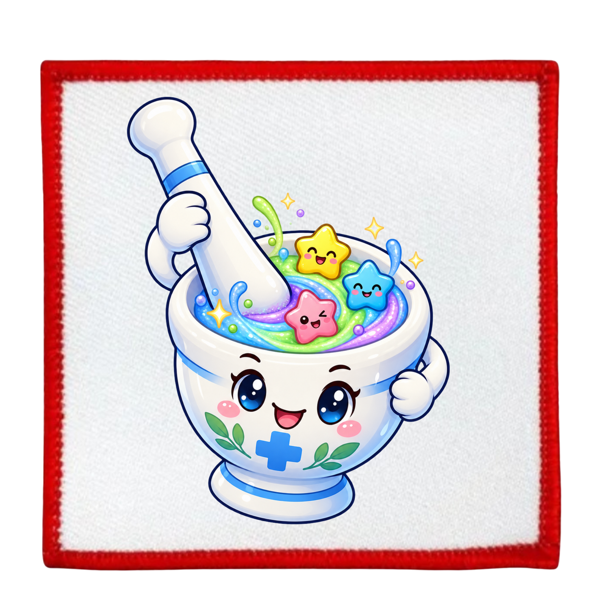 A square white fabric patch with a red stitched border, featuring a cute cartoon illustration of a smiling white mortar and pestle filled with colorful pastel potions and star-shaped ingredients.