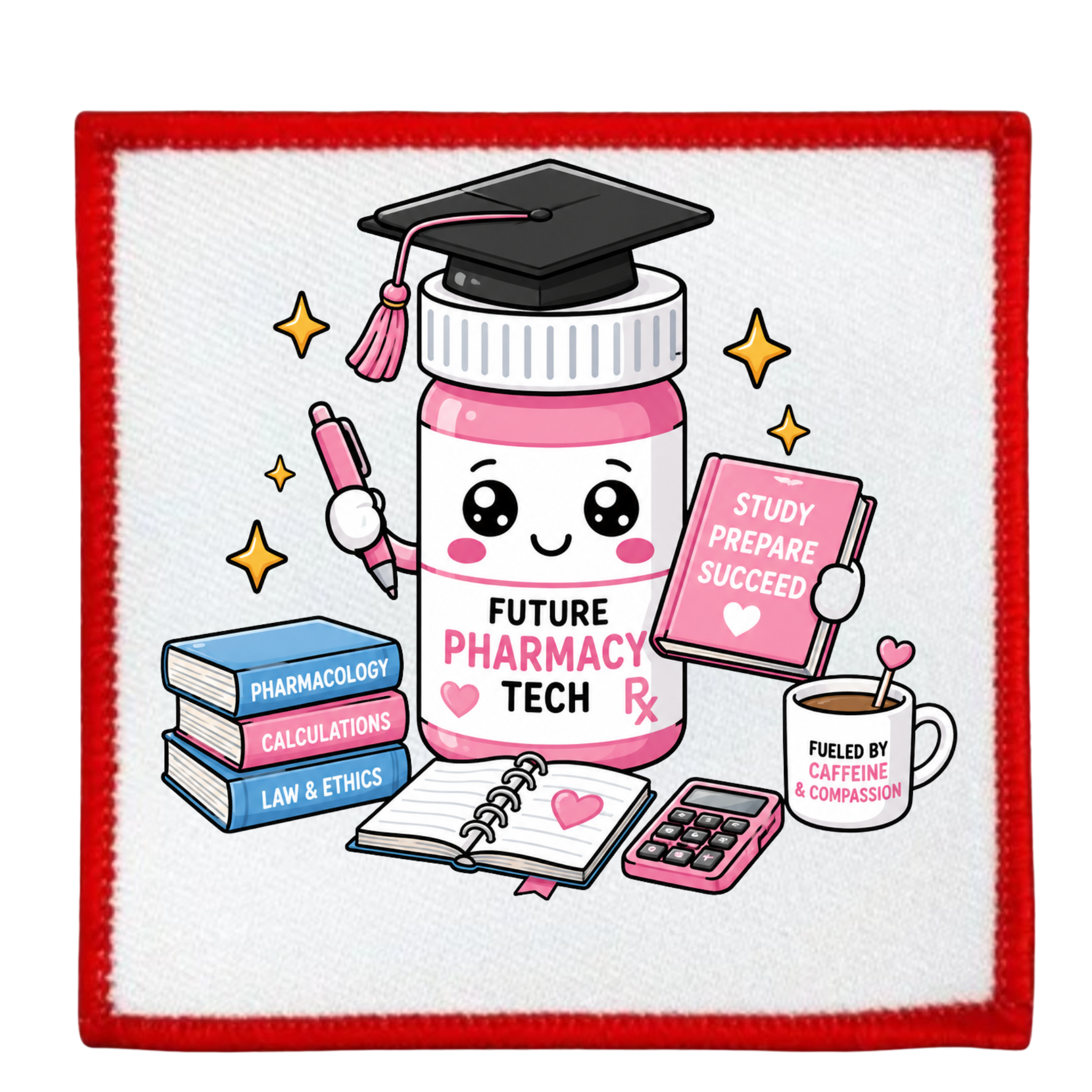 Patch with a cartoon pharmacy bottle character and educational items on a white background