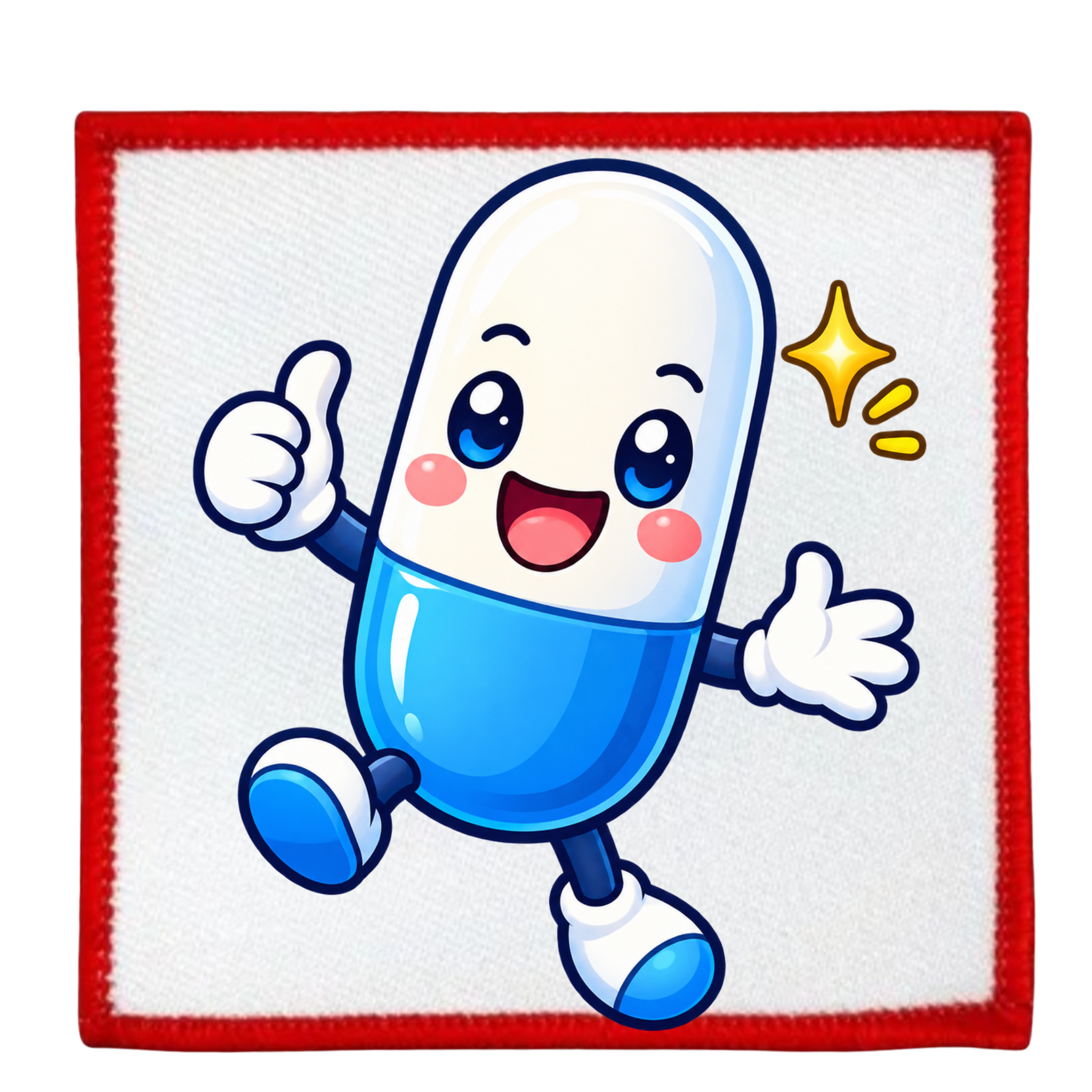 A square white patch with a red stitched border featuring a cute cartoon pill character. The pill is white on top and blue on the bottom, with blue arms and legs, white gloves, and a yellow sparkle graphic next to it.