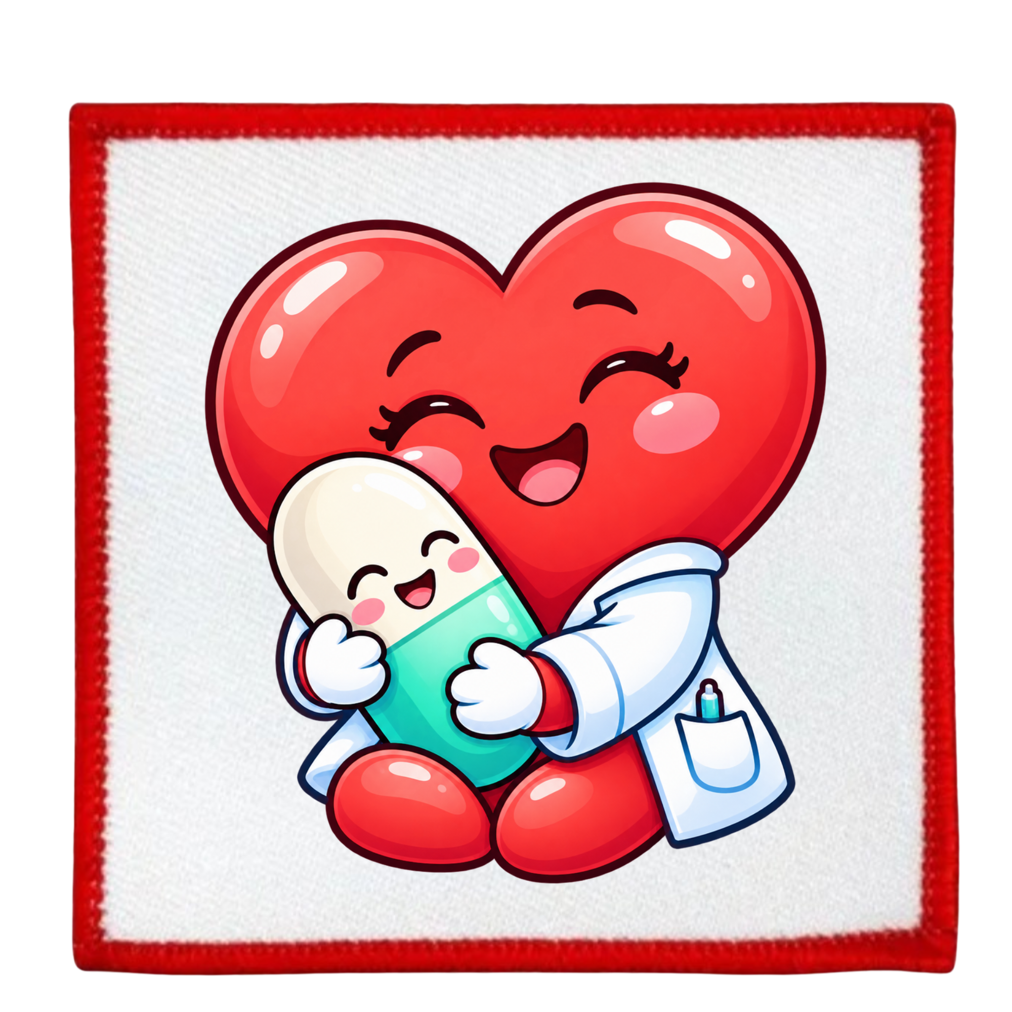 A square white patch with a red stitched border, featuring a cartoon illustration of a red heart hugging a smiling capsule pill dressed in a white lab coat.