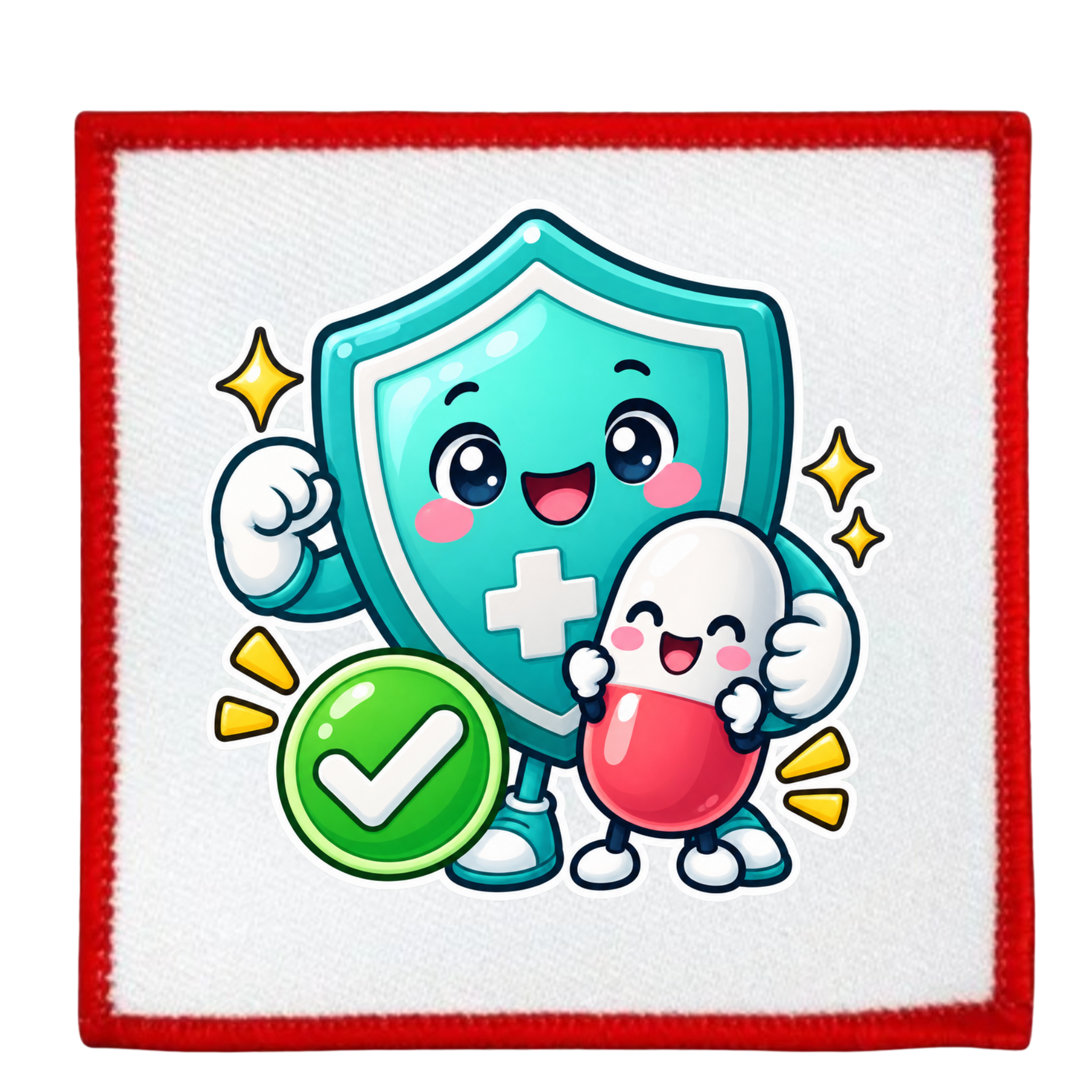 A square white patch with a red stitched border, featuring a cute cartoon illustration of a teal shield character with a white cross, a smiling white character hugging a red pill, and a green check emblem.