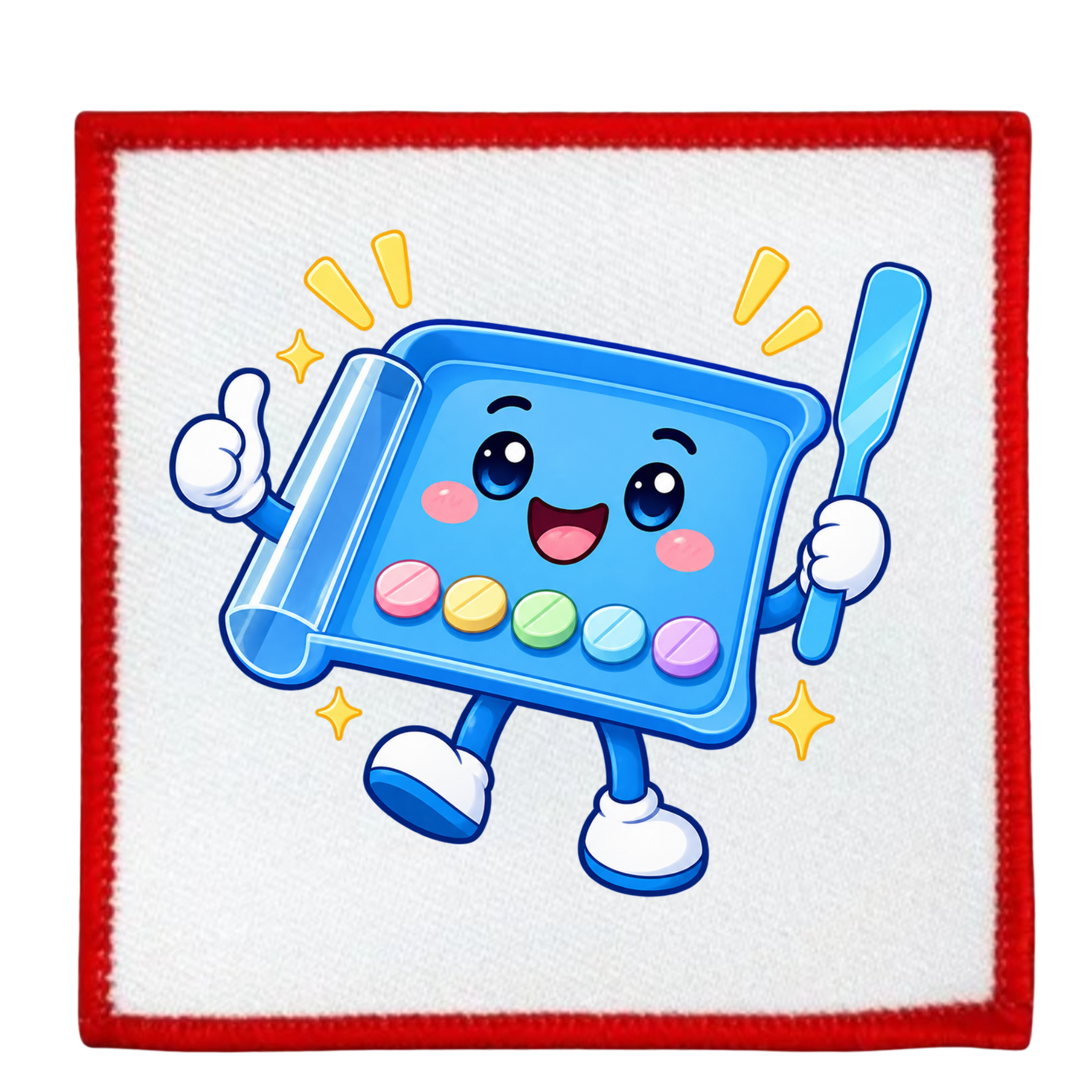 A square white towel or cloth with a red stitched border, featuring a cute cartoon character of a blue tray-like figure with colorful pills and a spatula, set against a plain white background.