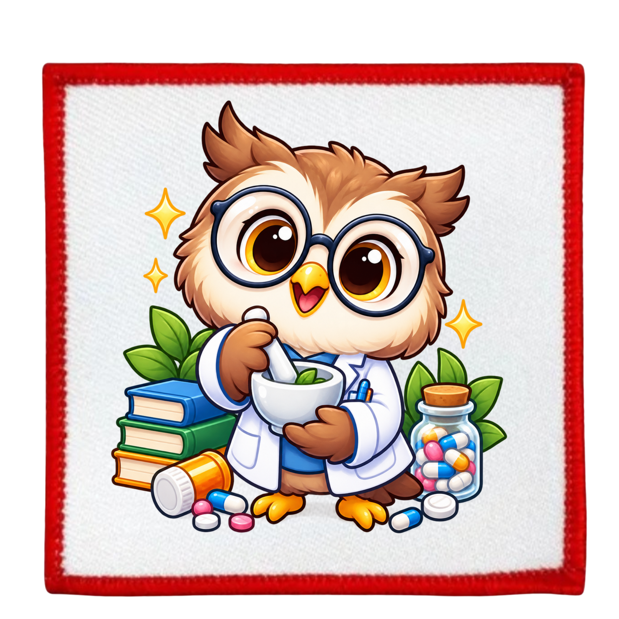 A square white fabric patch with a red stitched border, featuring a cartoon owl dressed as a pharmacist with a lab coat, magnifying glasses, books, leaves, and colorful pills.