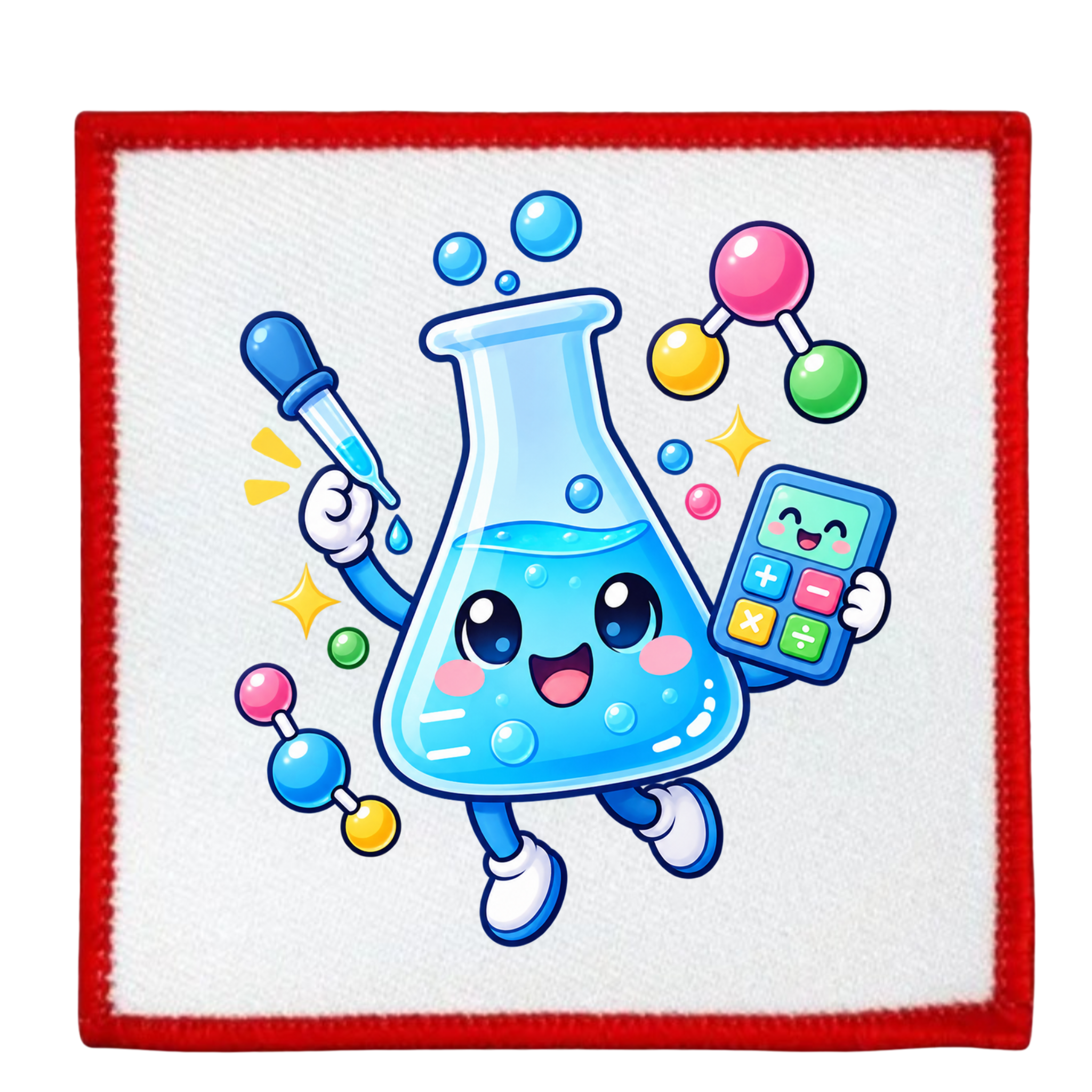 A square white fabric patch with a red stitched border, featuring a cute cartoon graphic of a blue beaker character holding a pipette and calculator, surrounded by colorful molecular and star accents.