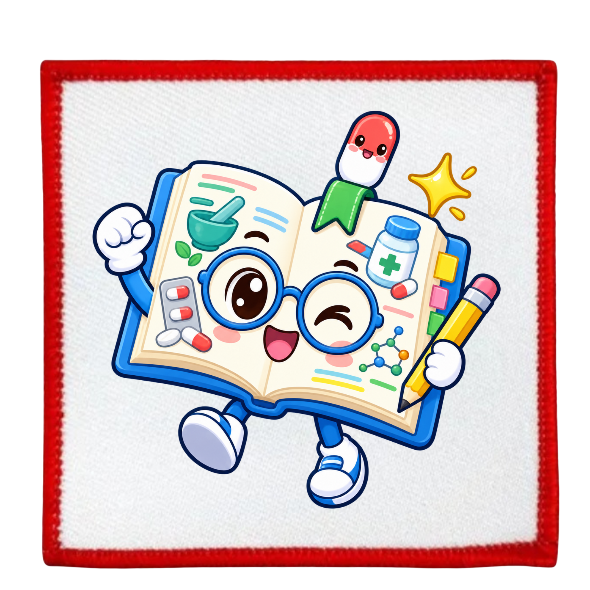 A square white fabric patch with a red stitched border, featuring a cartoon illustration of an open book character wearing blue glasses and surrounded by medical-themed icons like pills, a stethoscope, a pill bottle, and a star.