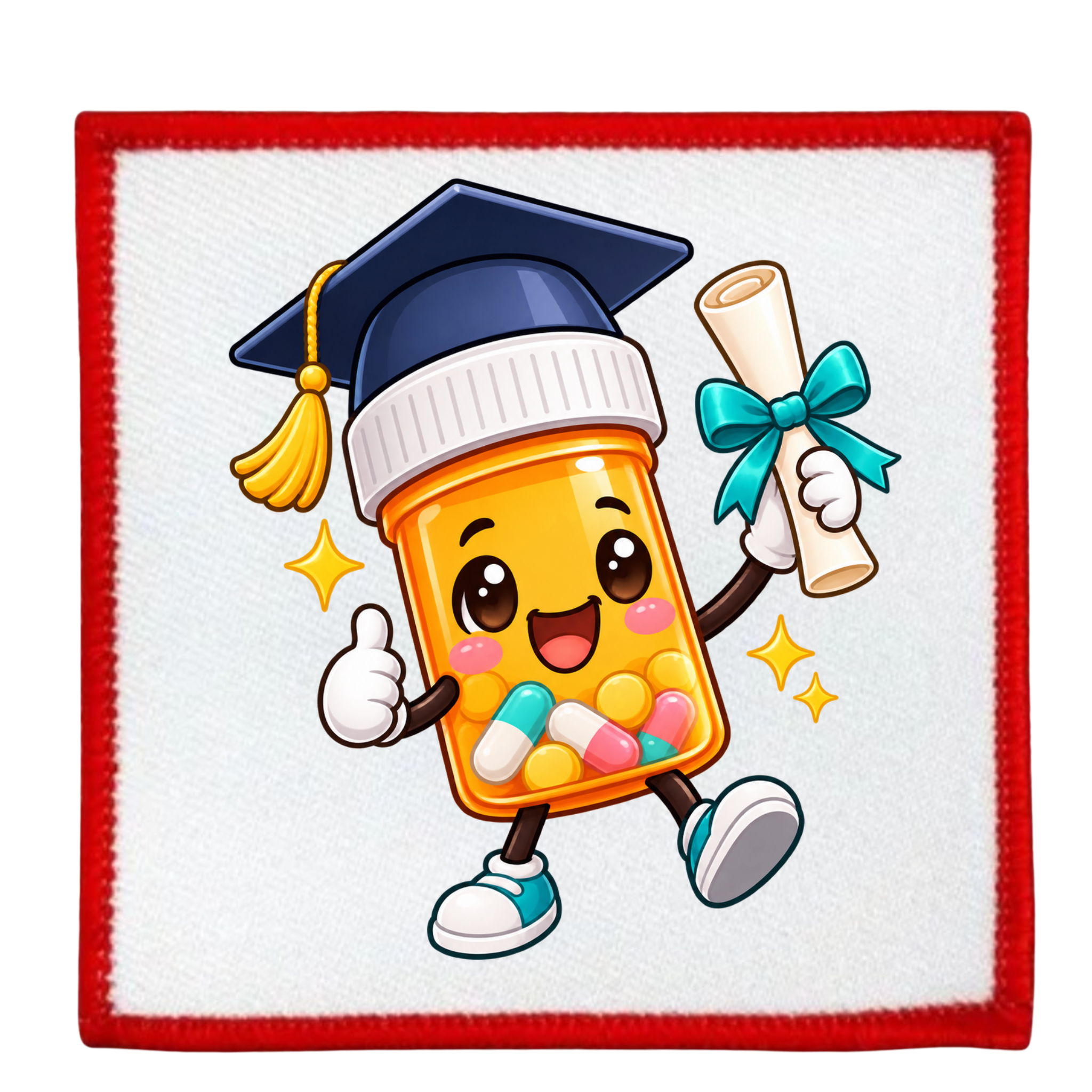 A square white fabric patch with a red stitched border, featuring a cartoon graduation pill bottle character wearing a navy blue cap with a yellow tassel and holding a rolled diploma with a teal bow.
