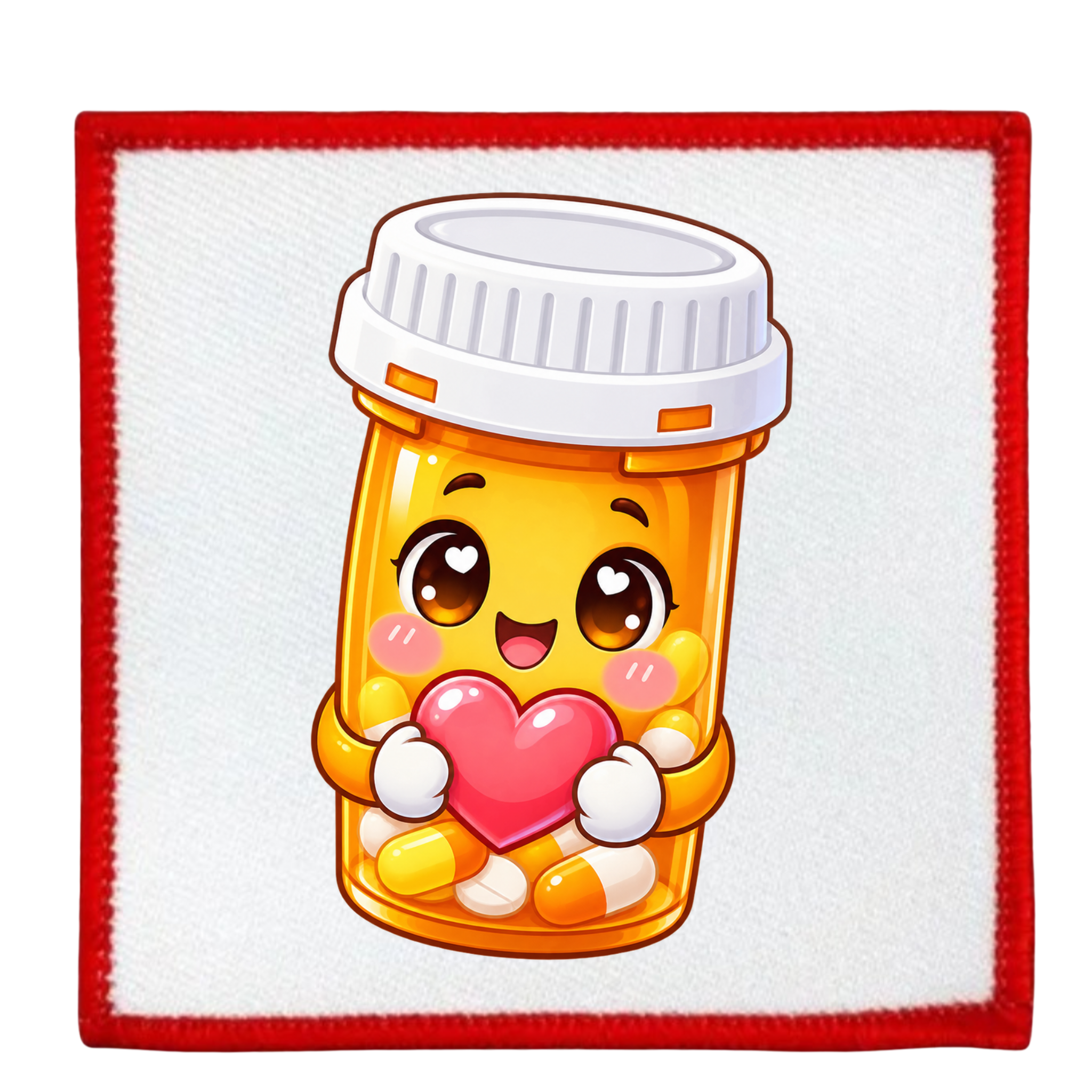 A square white patch with a red stitched border, featuring a cartoon illustration of a smiling orange pill bottle holding a pink heart.