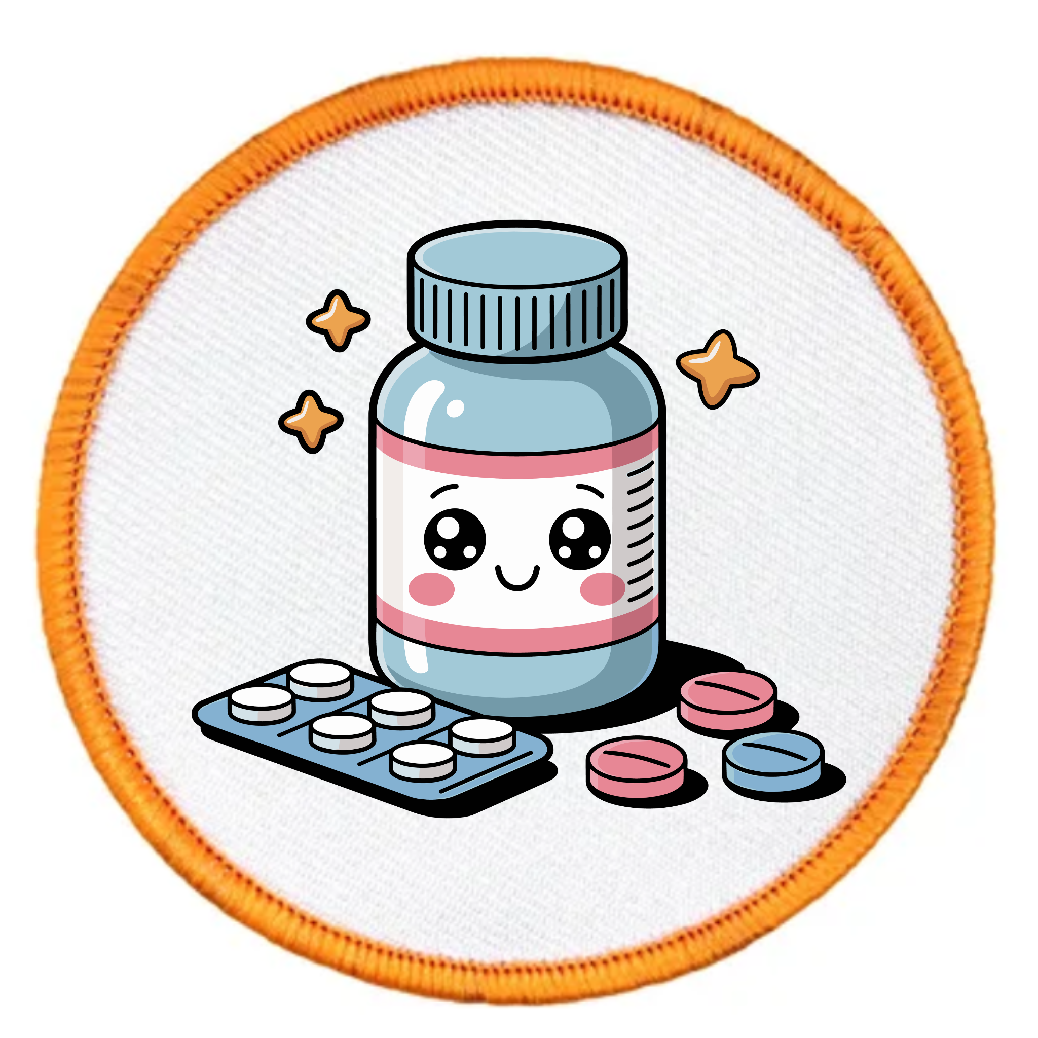 Illustration of a cartoon medicine bottle with a happy face on a white background
