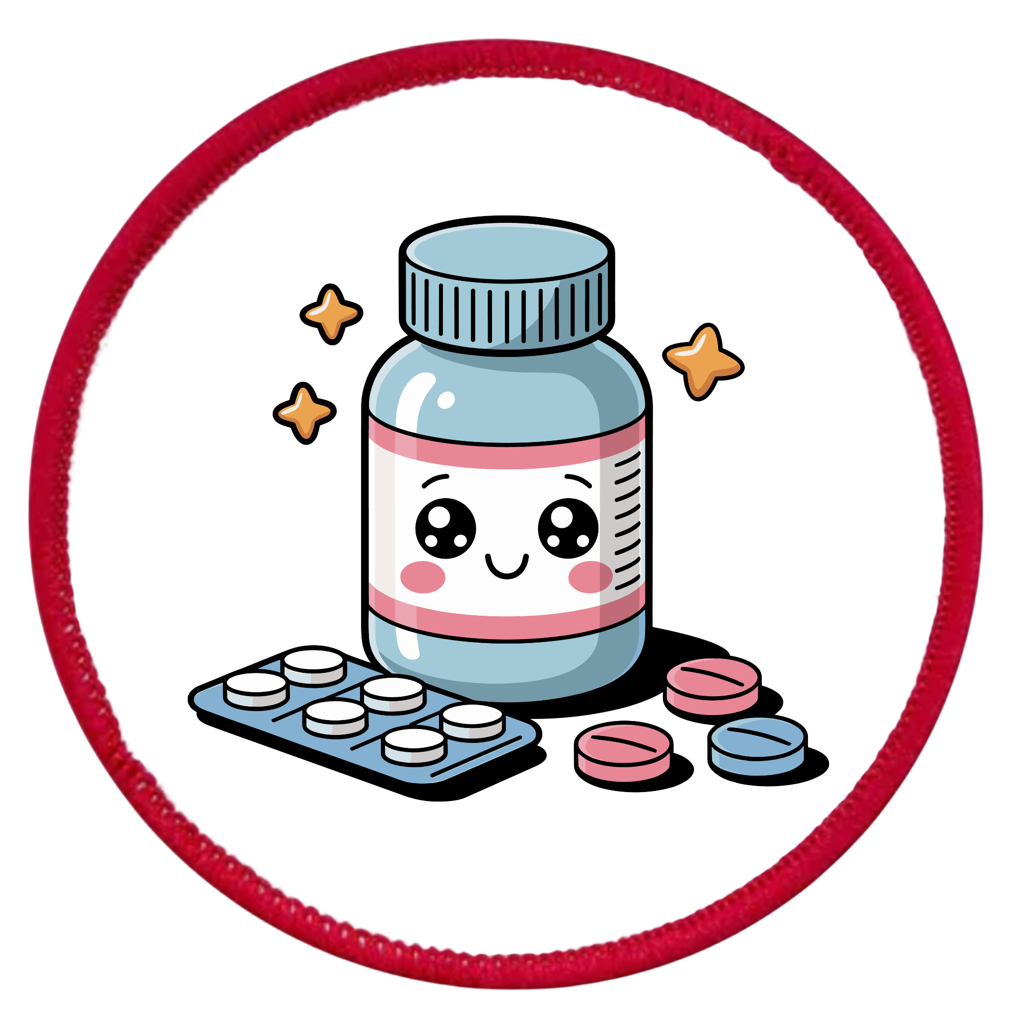 Cartoon pill bottle with a happy face surrounded by colorful pills on a white background
