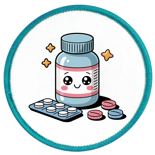 Cartoon pill bottle with a happy face on a white background