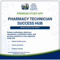 Promotional graphic for a digital study app titled 'PHARMACY TECHNICIAN SUCCESS HUB' with the Barrett Pharmacy Technician Certification Academy logo at the top. The design uses a white background with blue and green text, medical icons, and a dark blue footer band.