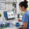 Woman studying pharmacy technician certification training on a laptop with books and a notebook on a desk.